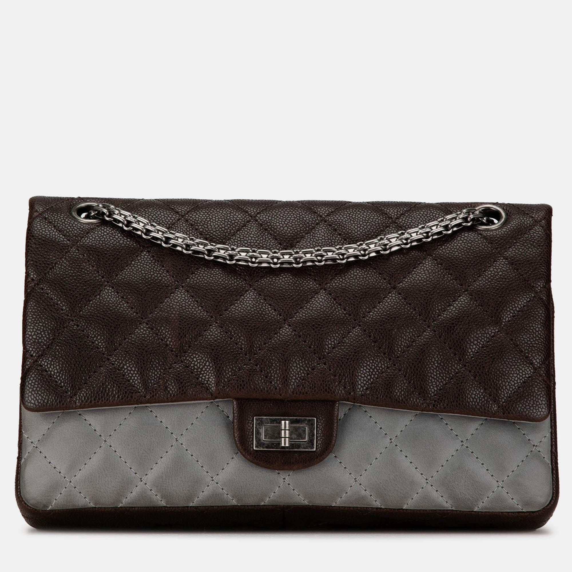 Pre Owned Chanel Brown Caviar and Iridescent Calfskin Reissue 2.55 Double Flap 226