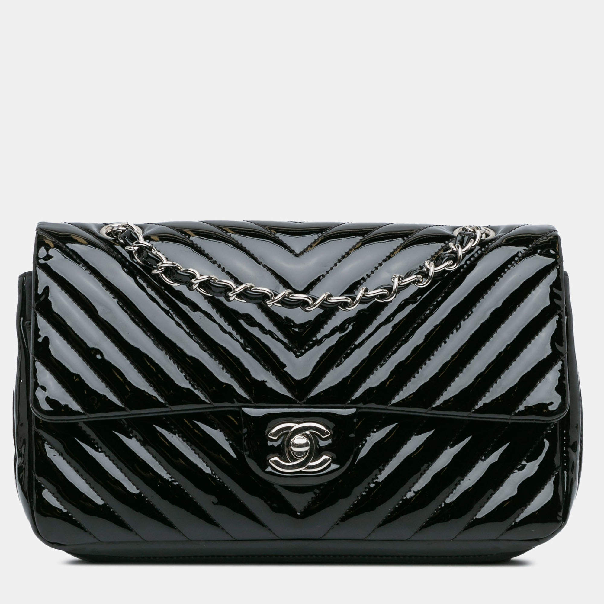 Pre Owned Chanel Black Medium Classic Chevron Patent Double Flap