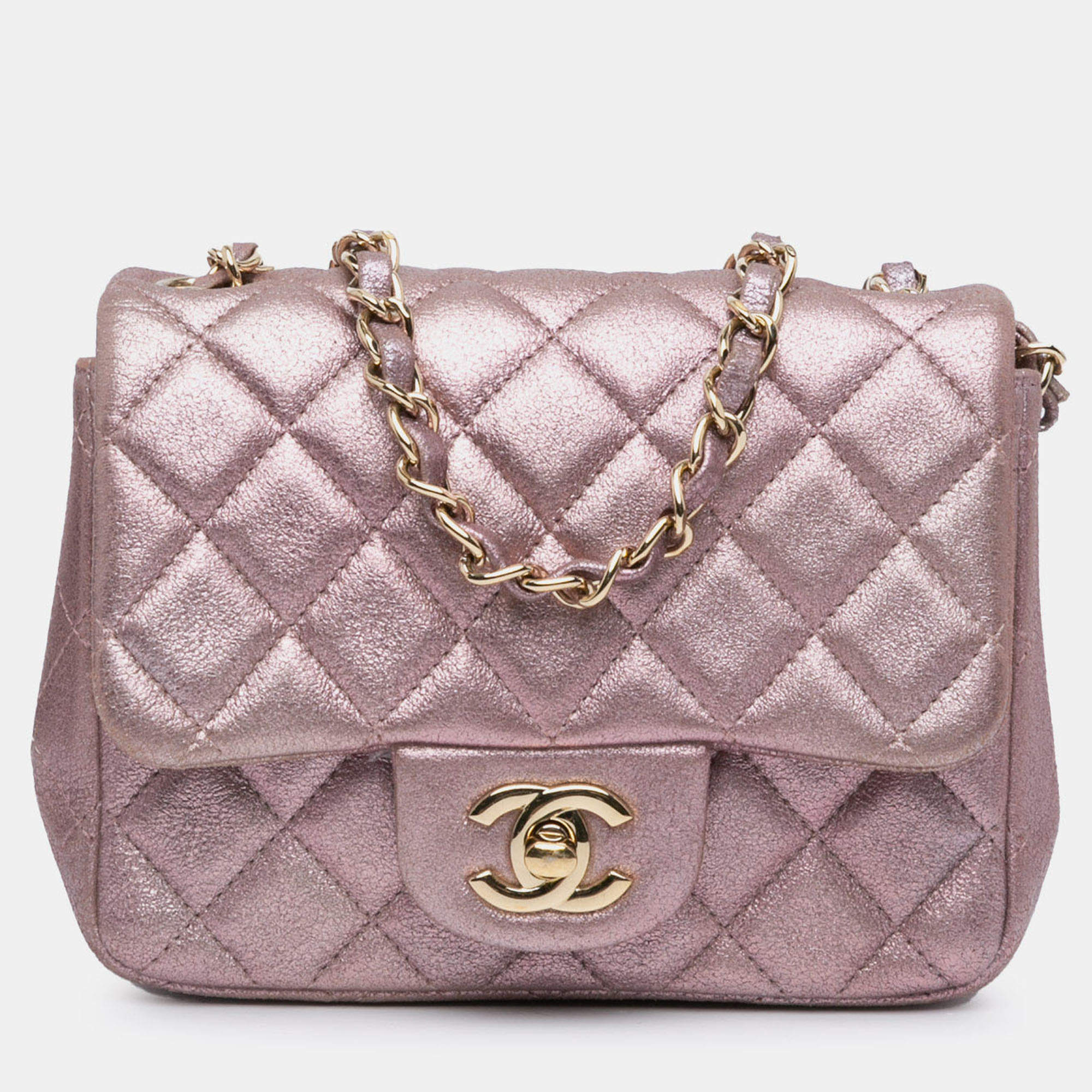 Pre Owned Chanel Pink Mini Square Classic Metallic Calfskin Single Flap
