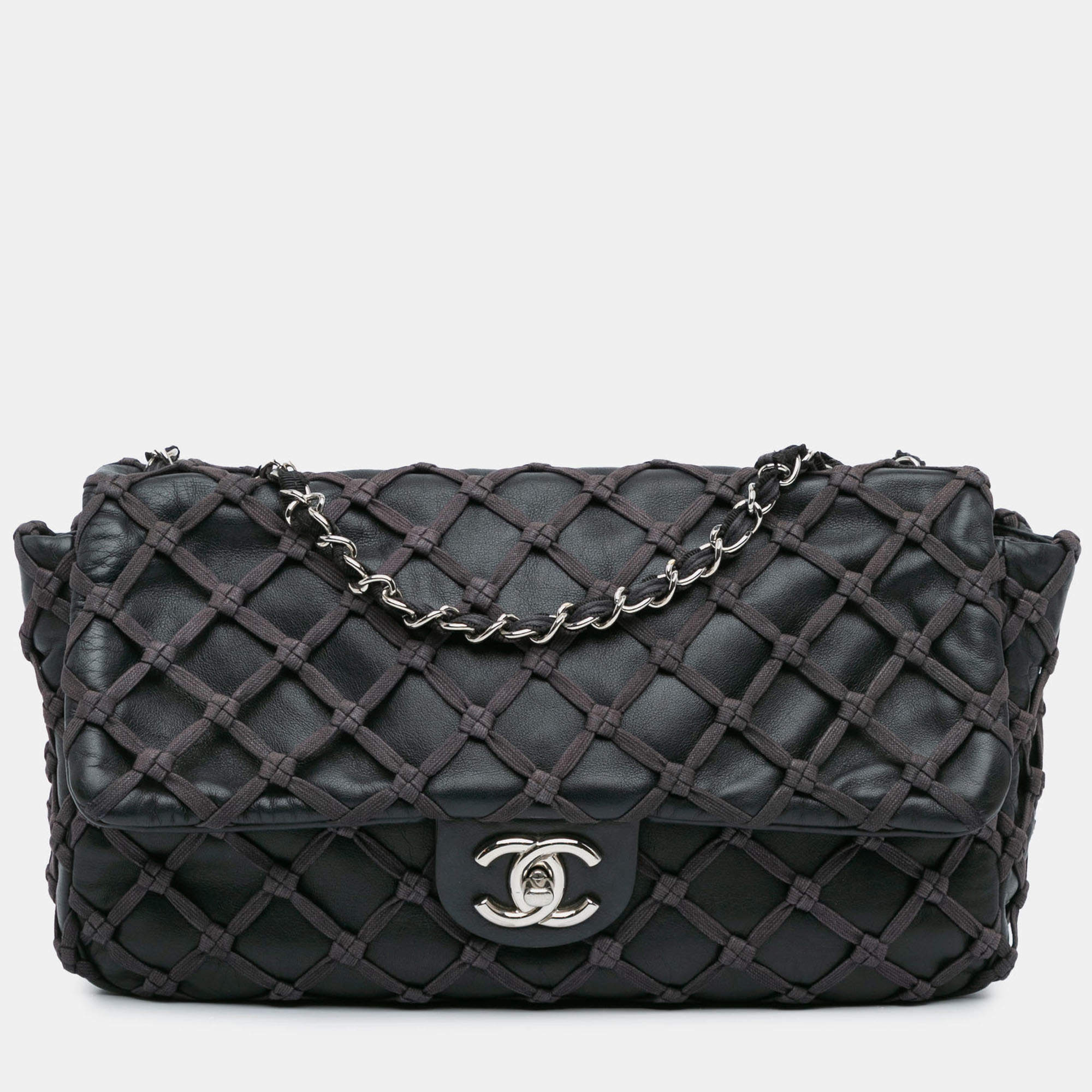 Pre Owned Chanel Black Jumbo Calfskin Canebiers Net Flap