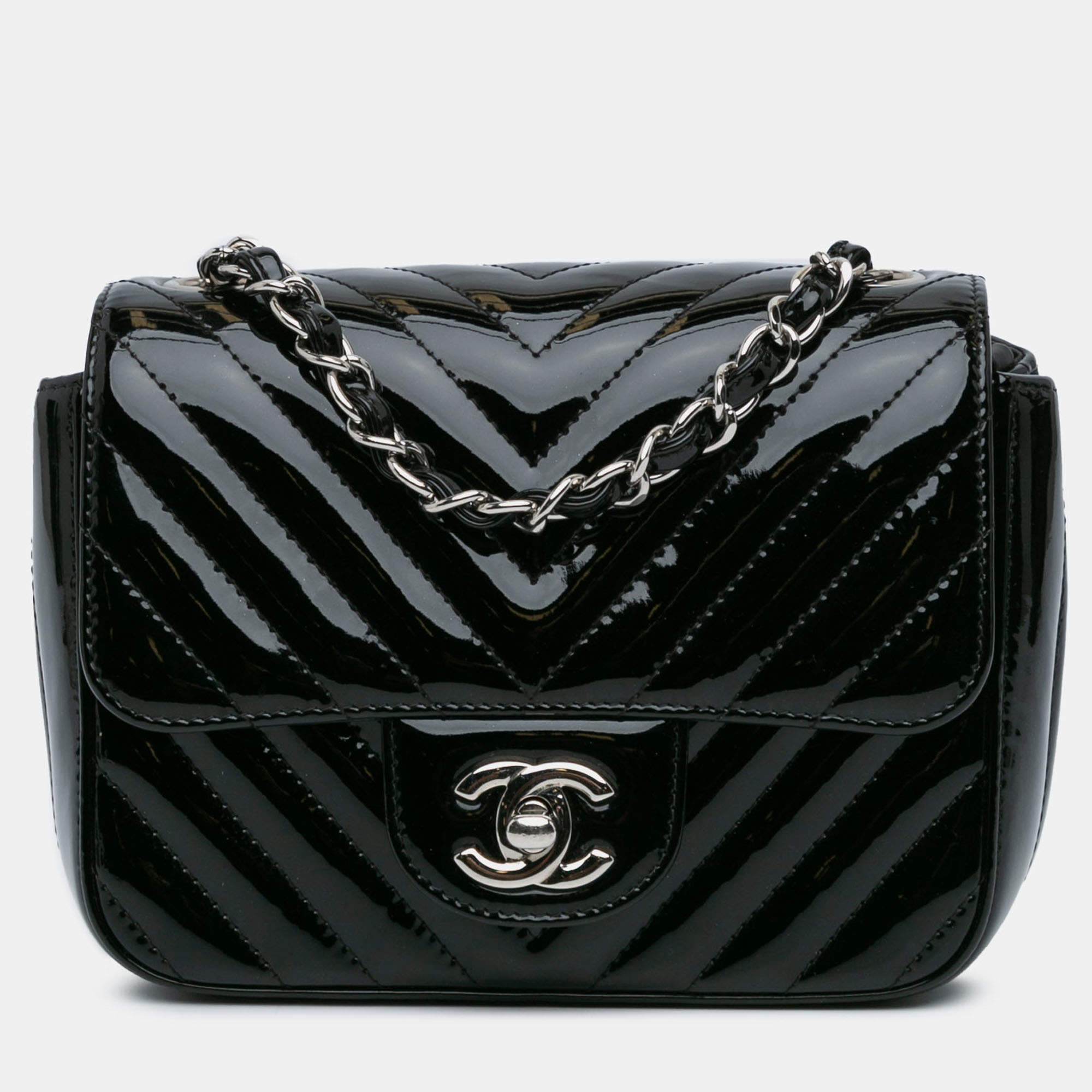 Pre Owned Chanel Black Mini Square Classic Chevron Patent Flap
