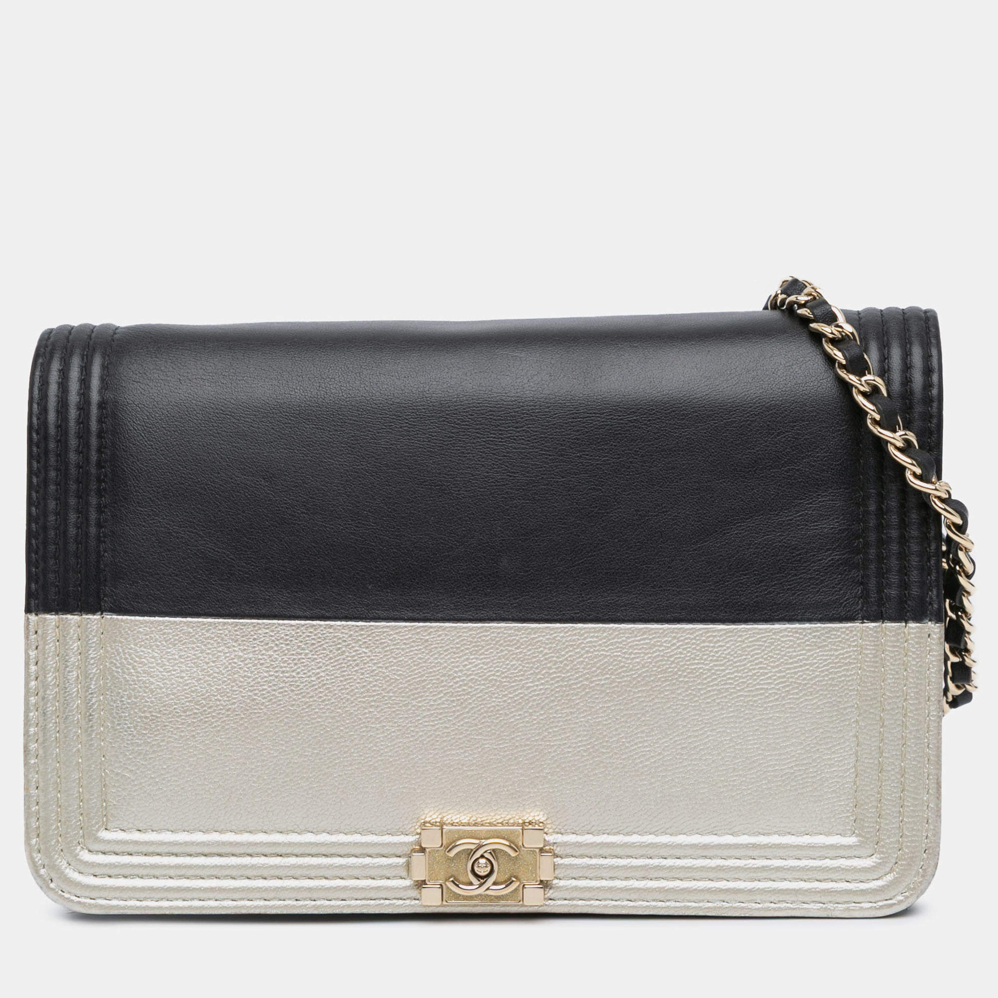Pre Owned Chanel Black Silver Bicolor Calfskin Boy Wallet On Chain