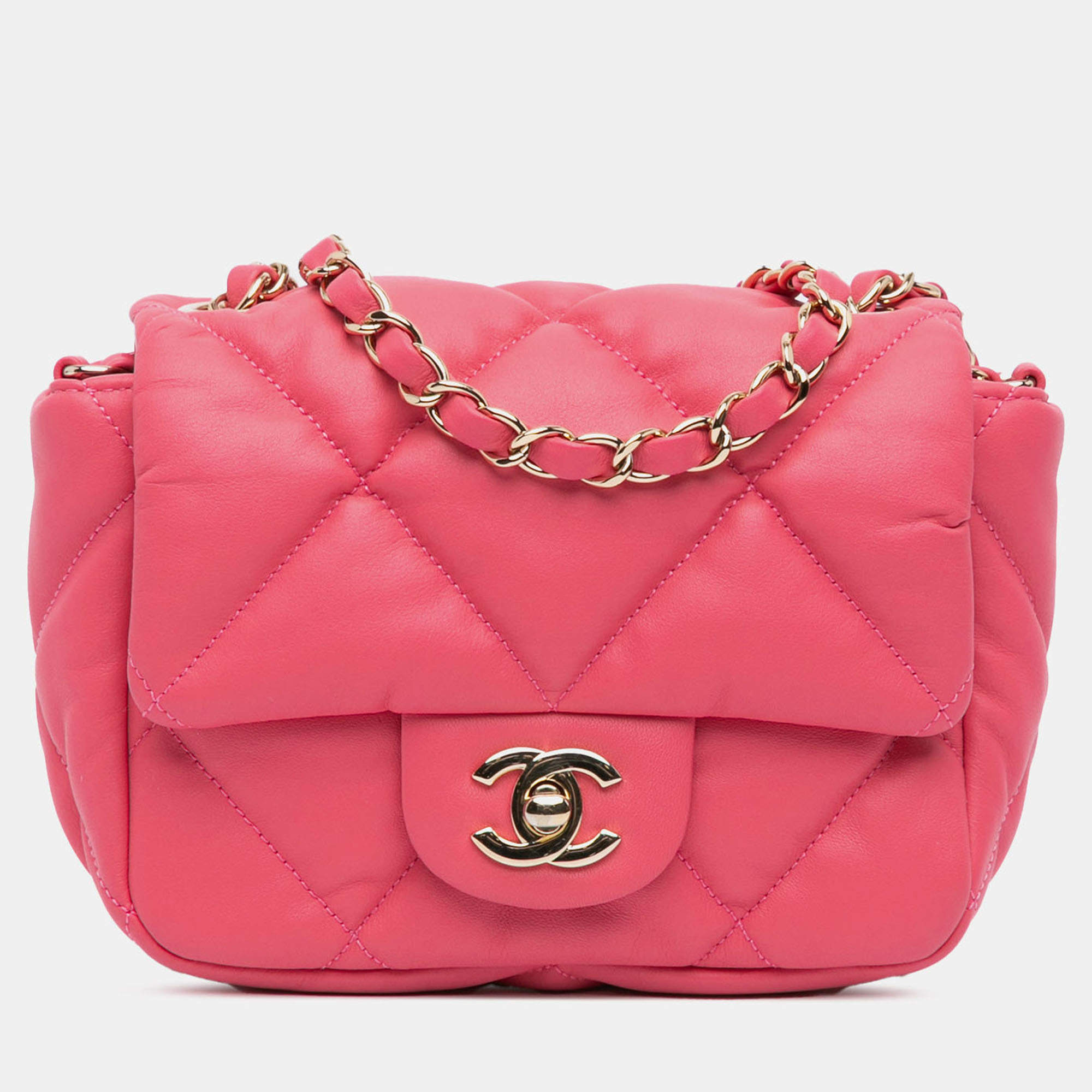 Pre Owned Chanel Pink Mini Quilted Calfskin Bubbly Flap