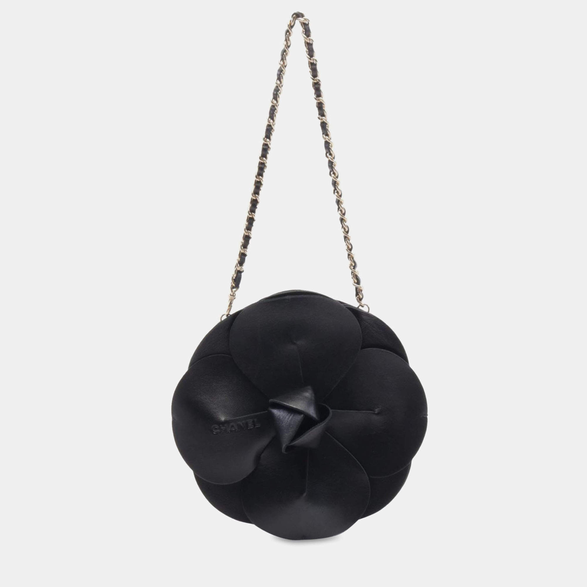 Pre Owned Chanel Black Lambskin and Satin Camellia Flower Evening Bag