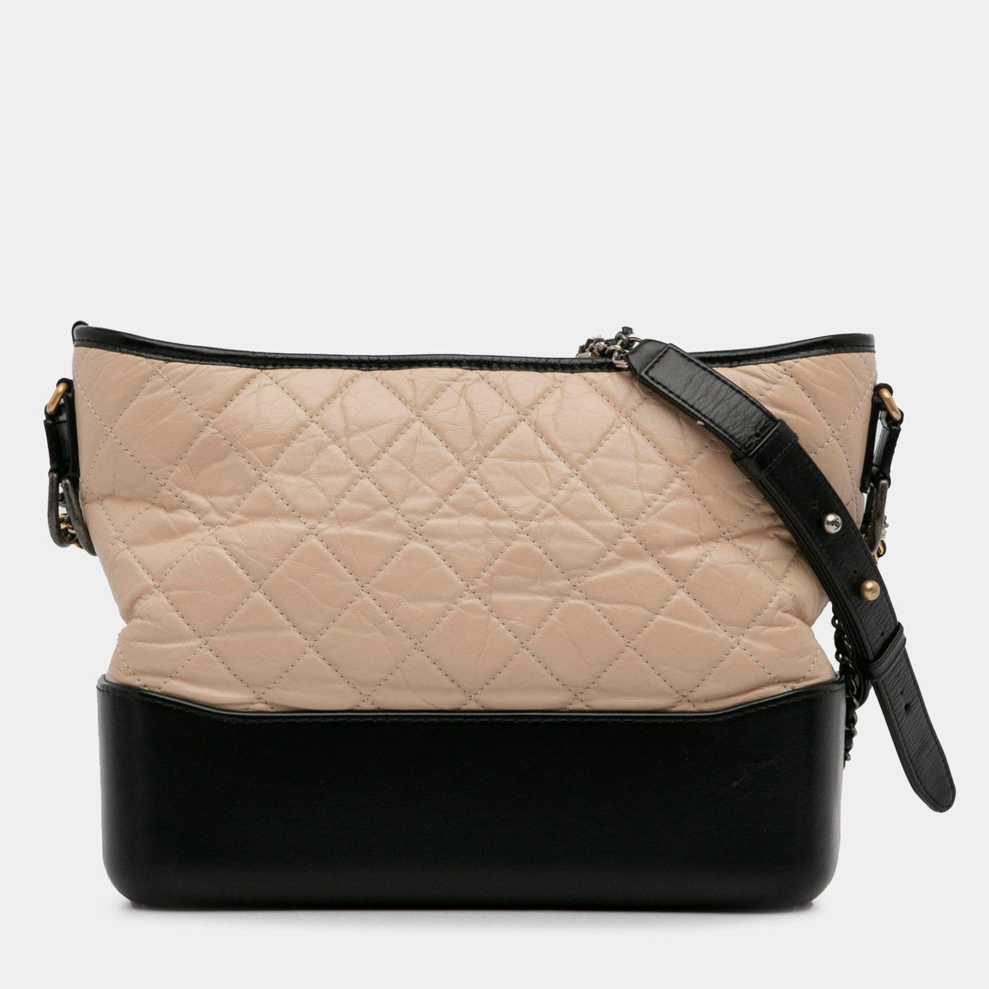 Pre Owned Chanel Beige Black Medium Bicolor Lambskin Gabrielle Crossbody