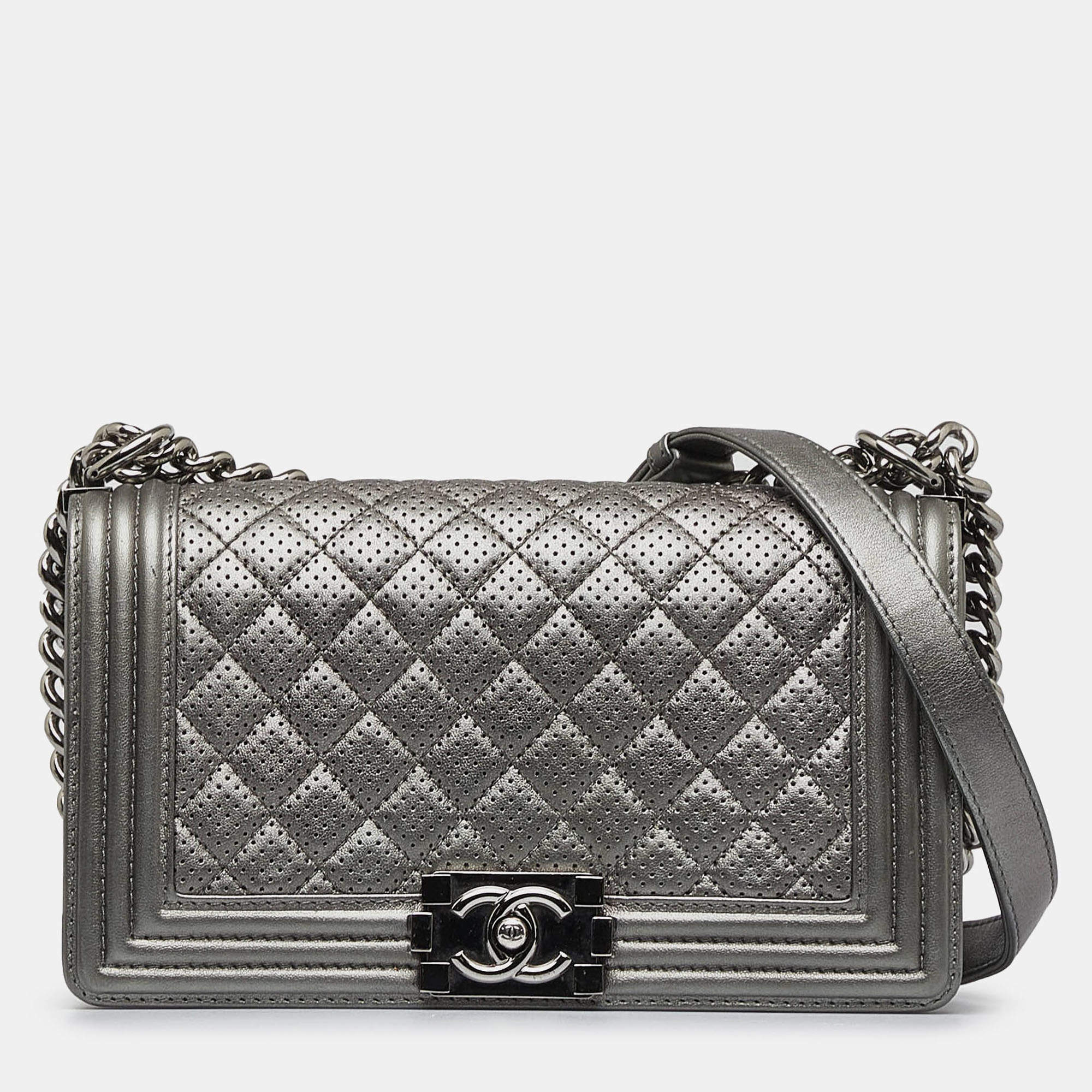 Pre Owned Chanel Grey Old Medium Quilted Perforated Metallic Lambskin Boy Flap