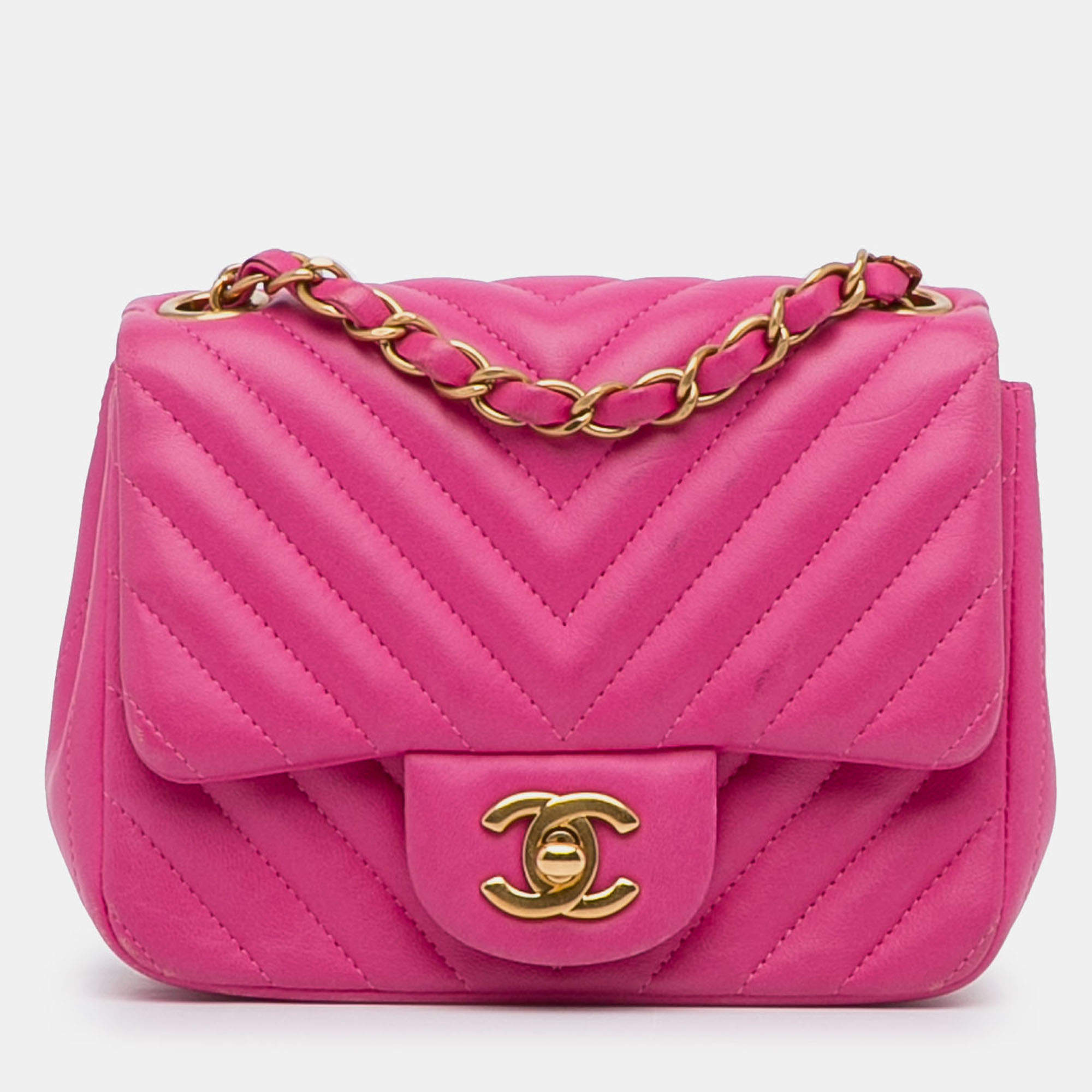 Pre Owned Chanel Pink Mini Square Classic Chevron Lambskin Single Flap