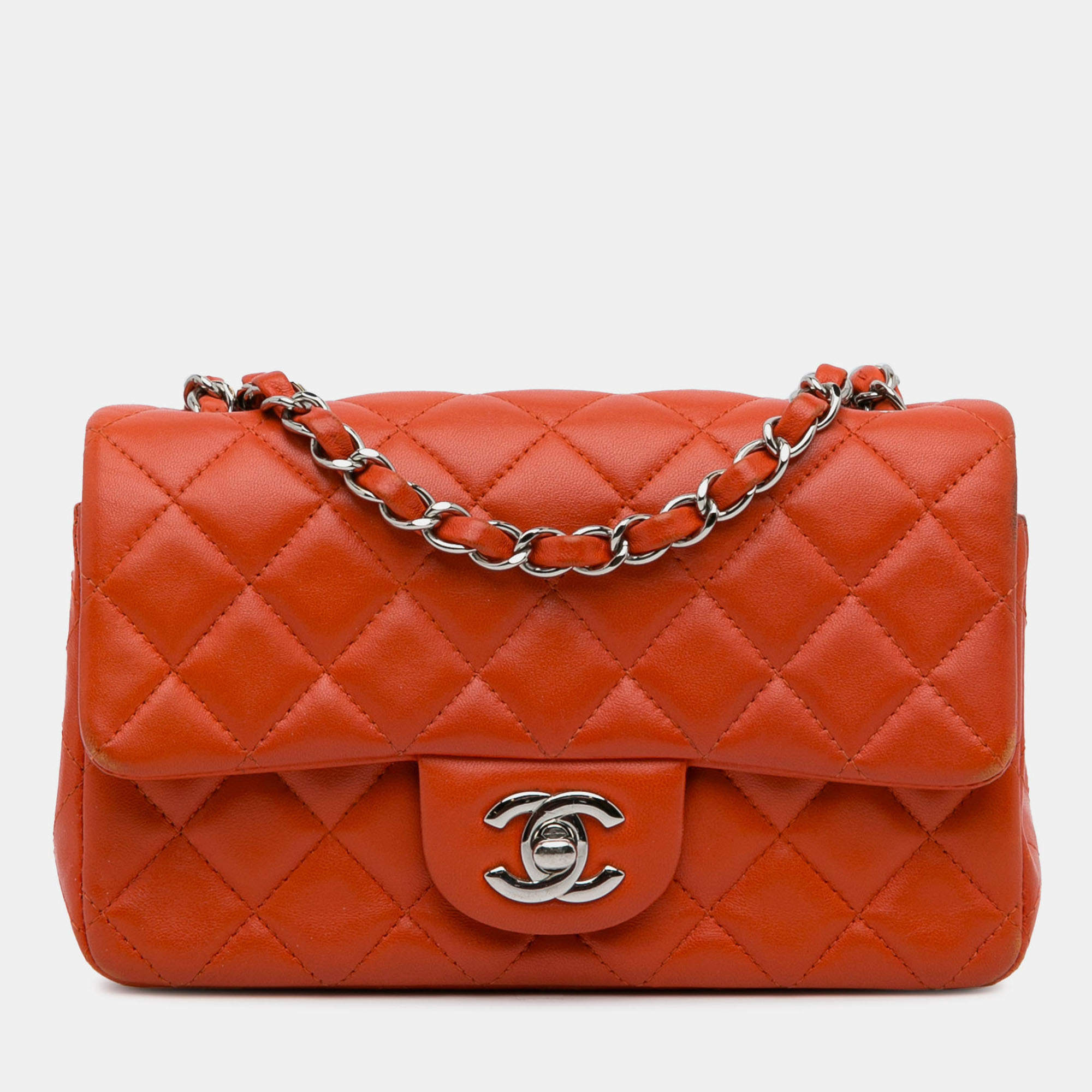 Pre Owned Chanel Orange Mini Rectangular Classic Lambskin Single Flap