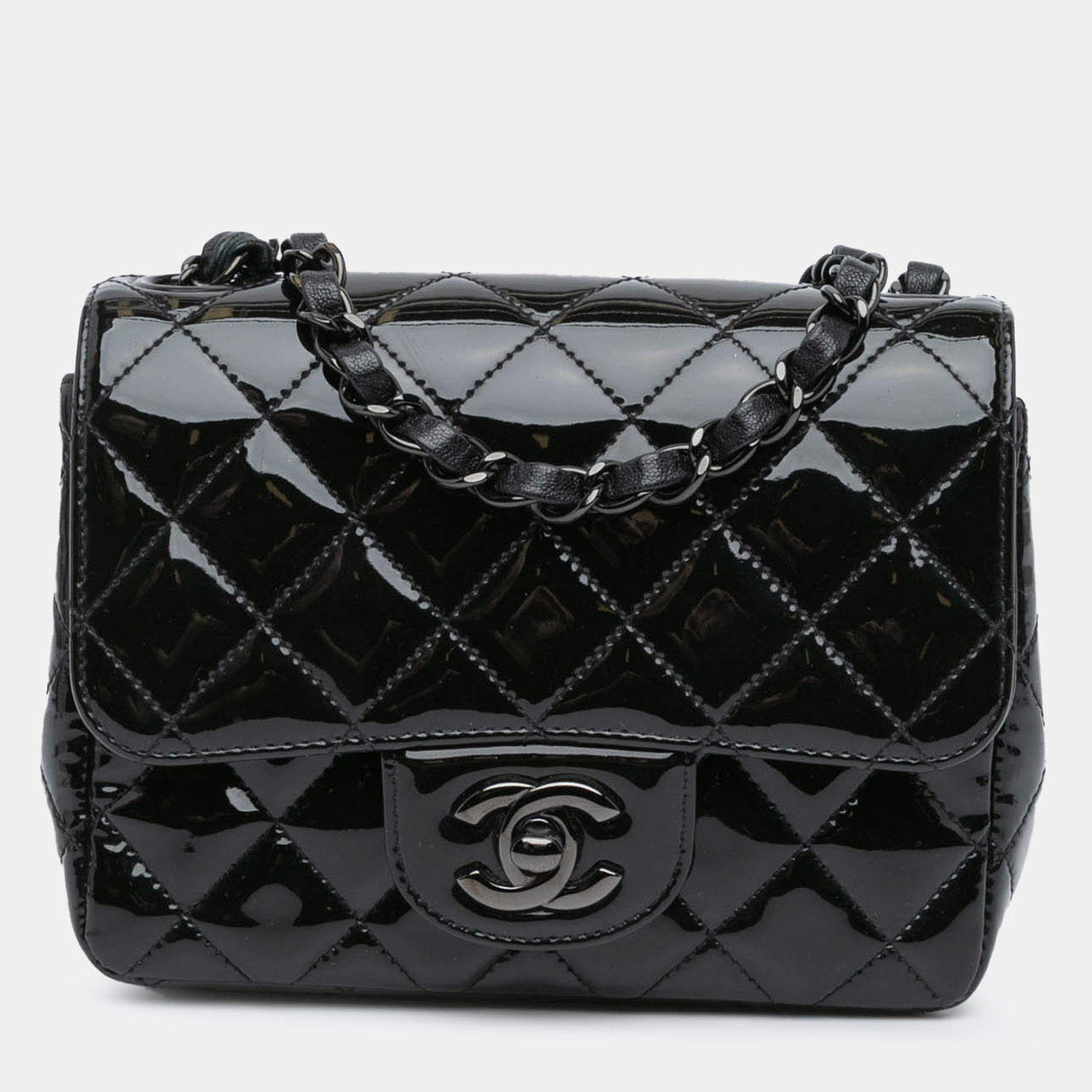 Pre Owned Chanel Black Mini Square Classic Patent So Black Single Flap