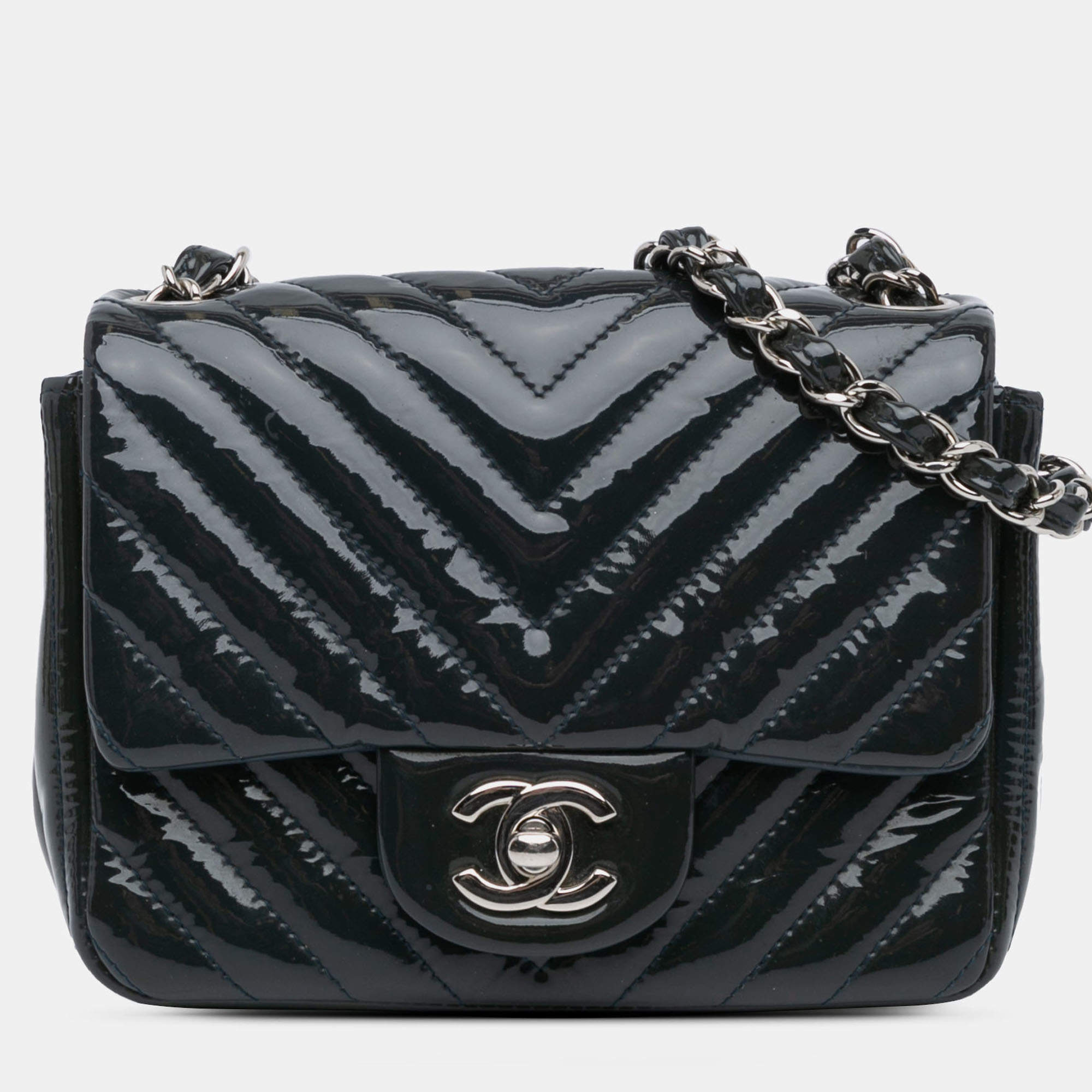 Pre Owned Chanel Blue Mini Square Classic Chevron Patent Single Flap