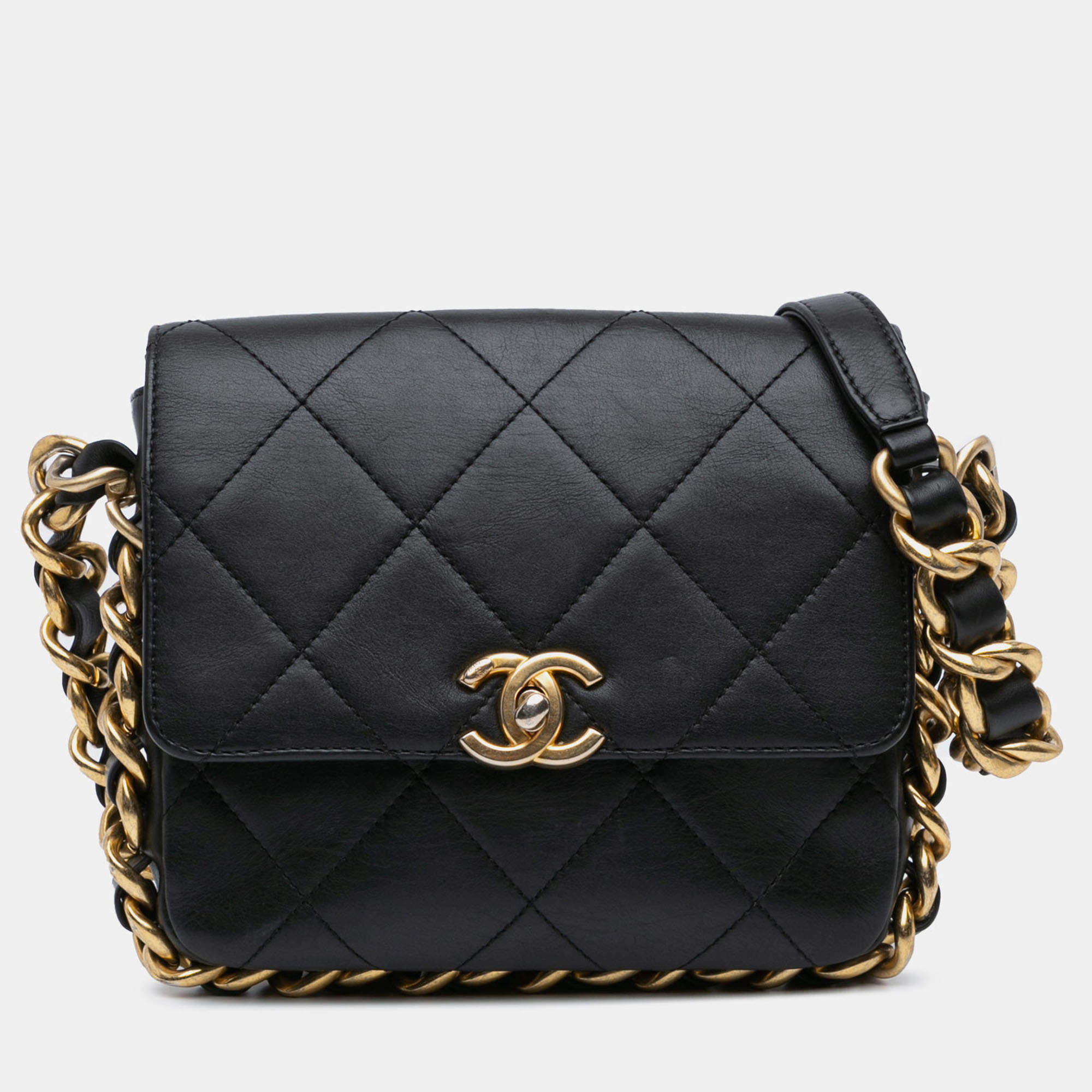 Pre Owned Chanel Black Small Quilted Calfskin Framing Chain Flap