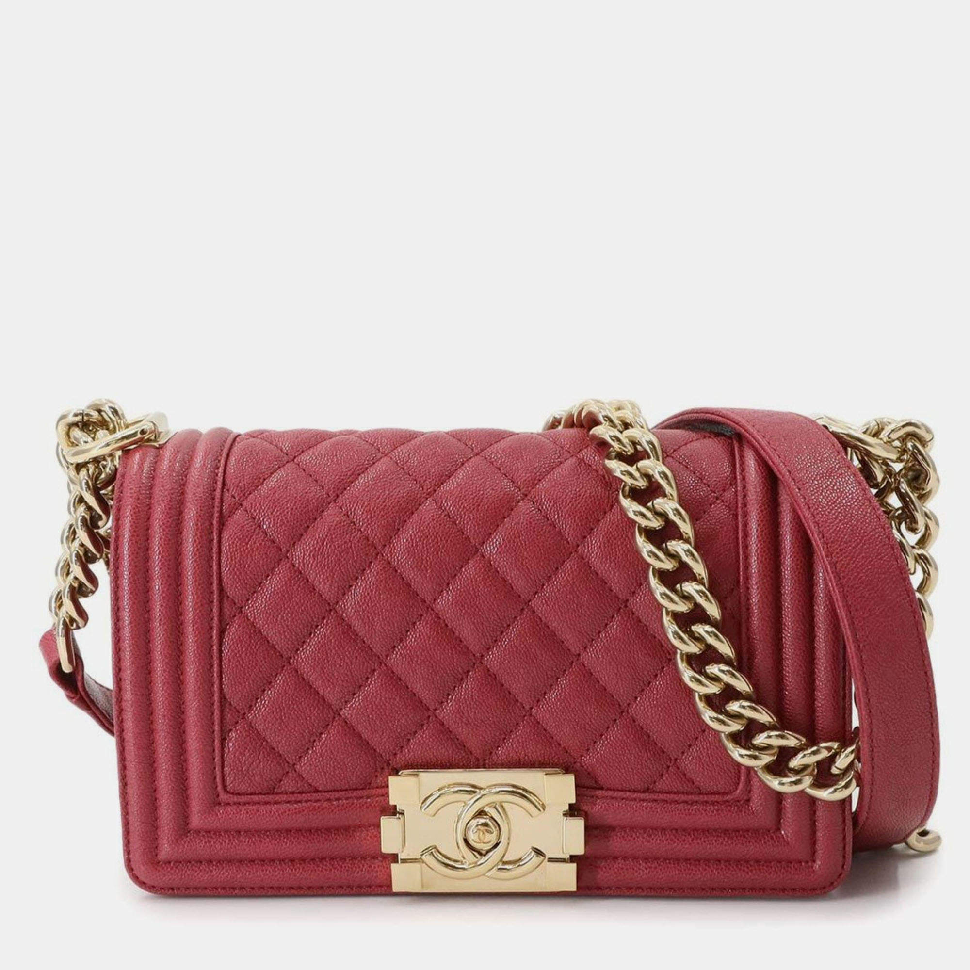 Pre Owned Chanel Boy Red Leather Chain Shoulder Bag
