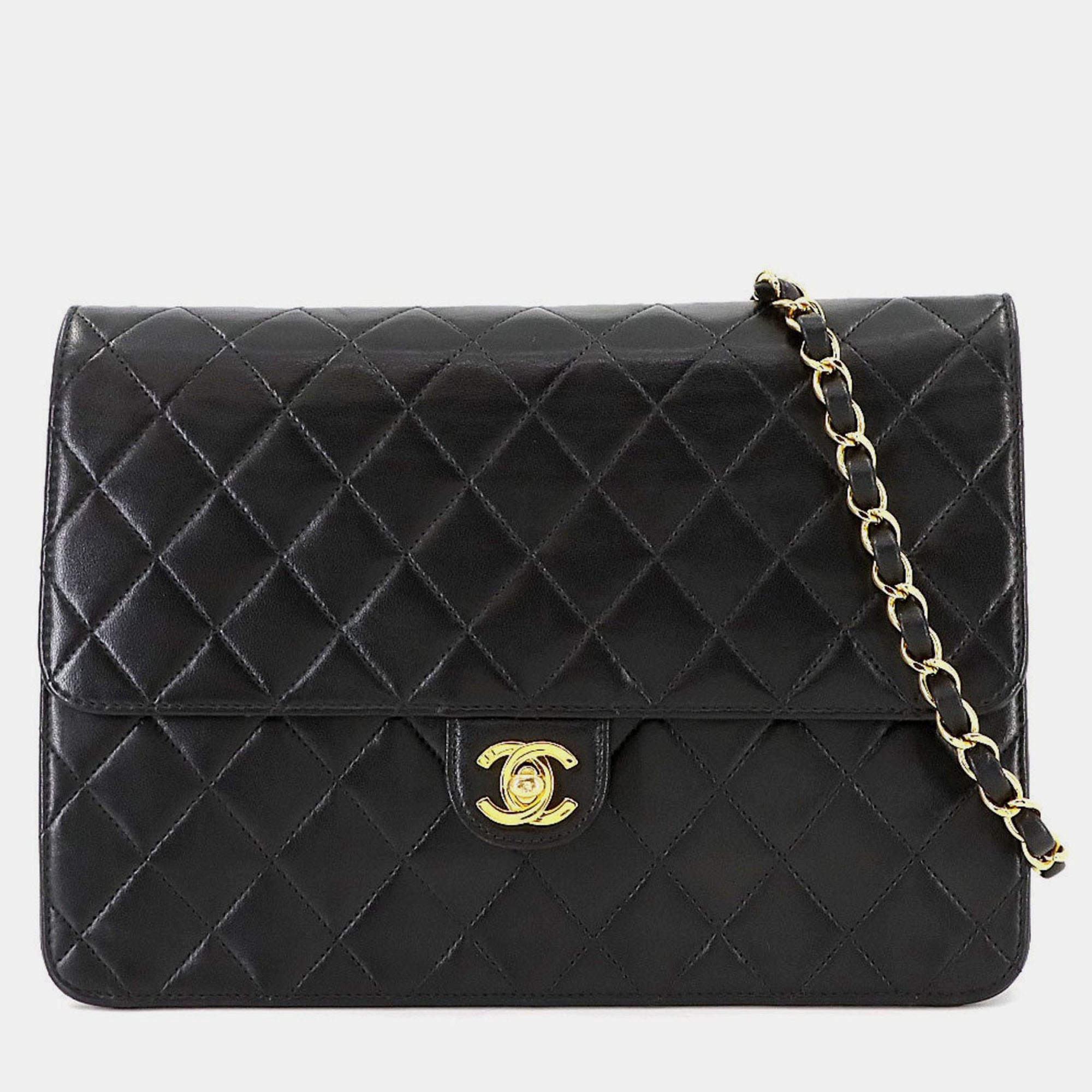 Pre Owned Chanel Square Flap Black Leather Shoulder Bag