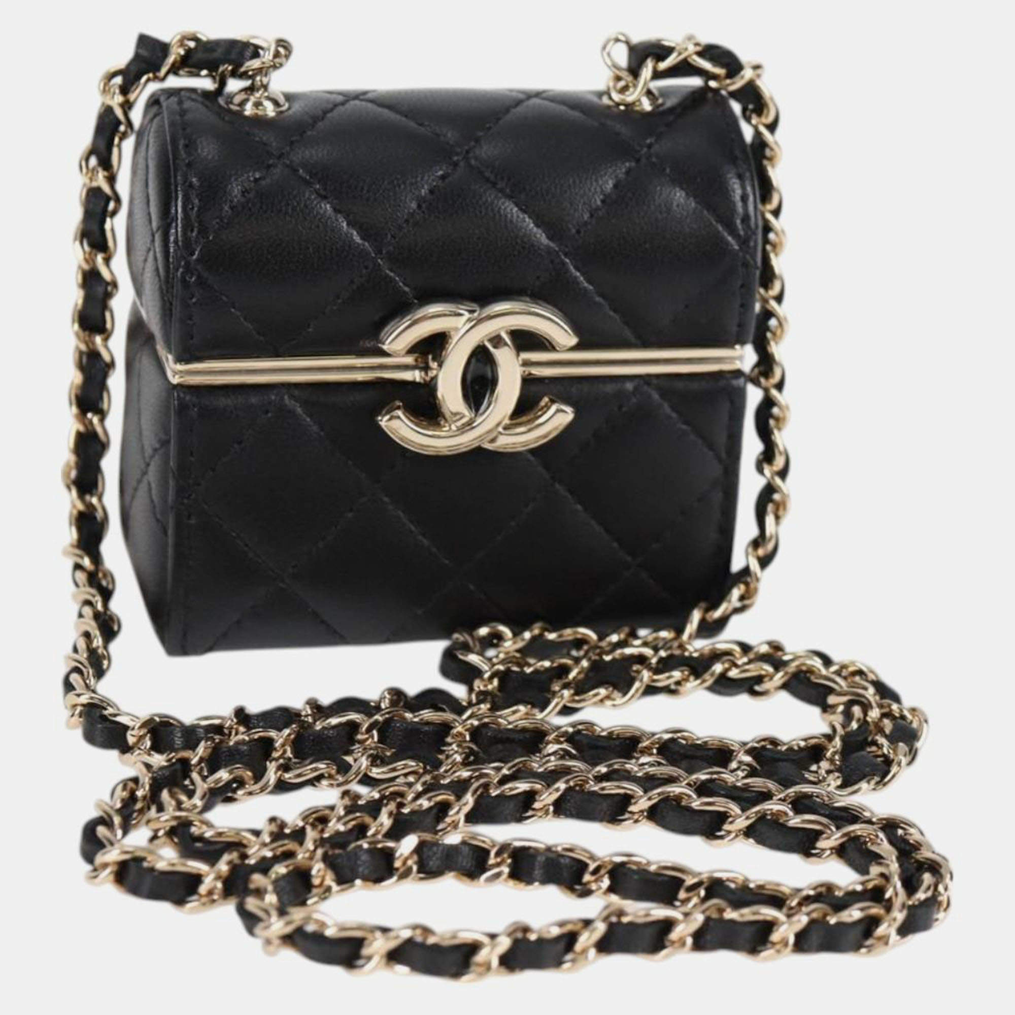 Pre Owned Chanel Black Lambskin Quilted Small Box With Chain