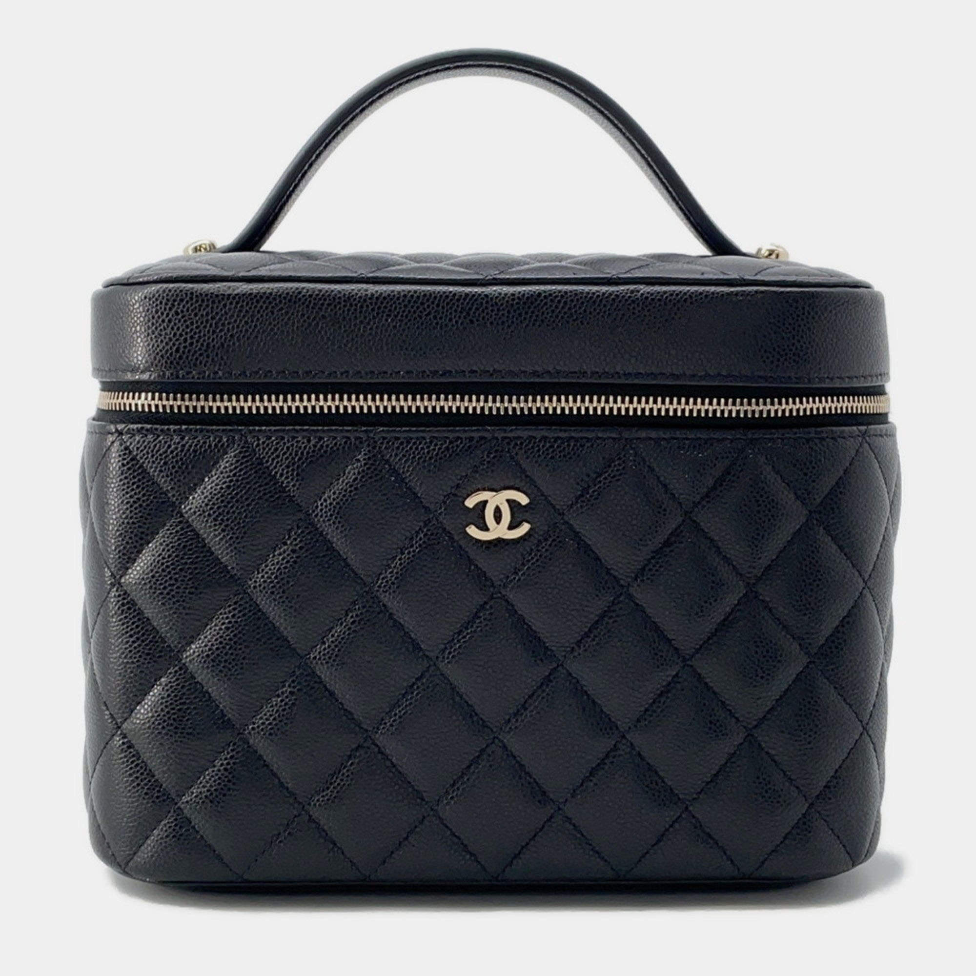 Pre Owned Chanel Vanity Black Leather Top Handle Bag
