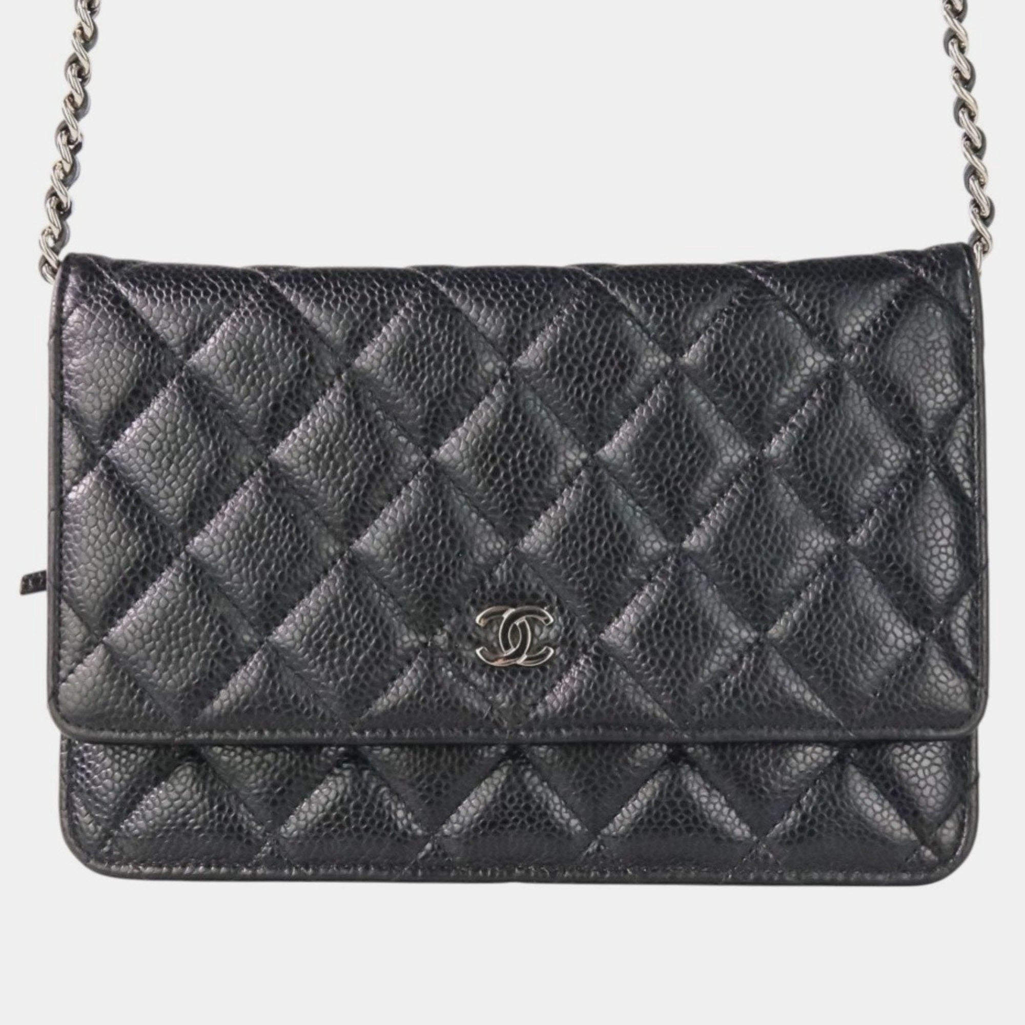 Pre Owned Chanel Classic Black Leather Wallet On Chain