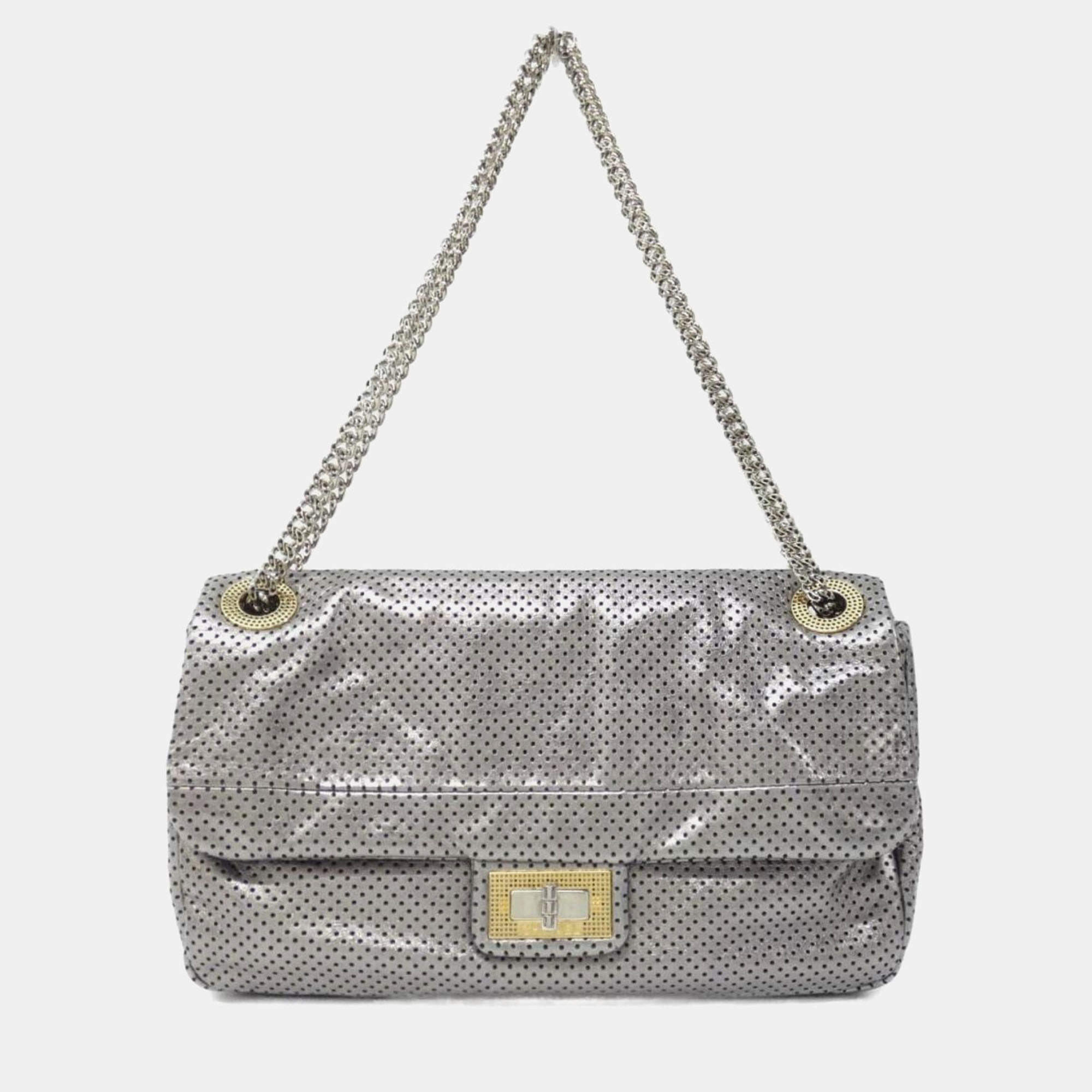 Pre Owned Chanel Drill Flap Silver Leather Shoulder Bag