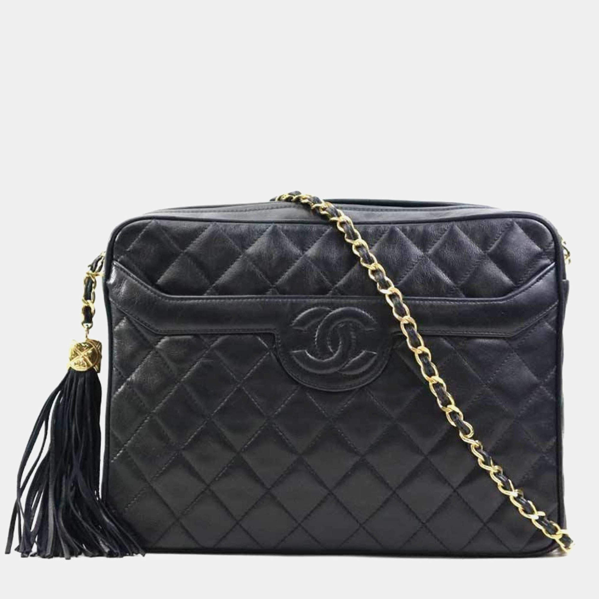 Pre Owned Chanel Quilted Tassel Black Gold Shoulder Bag