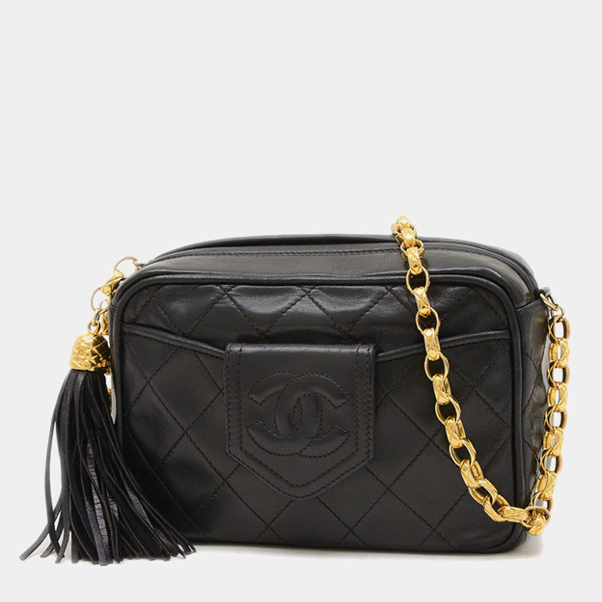 Pre Owned Chanel Coco Mark Black Gold Lambskin Tassel Chain Shoulder Bag