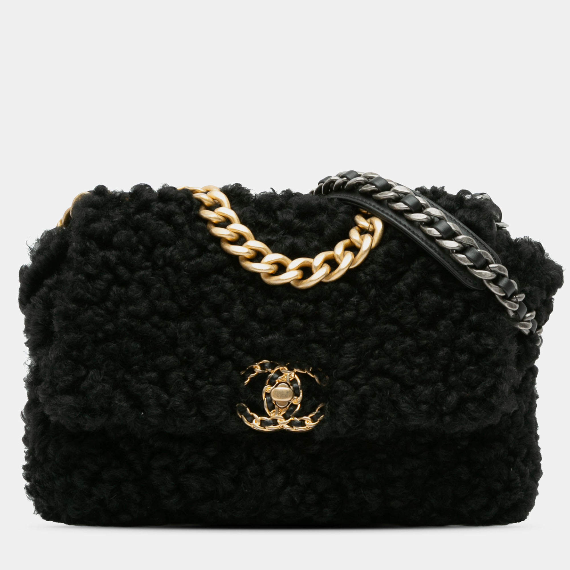 Pre Owned Chanel Black Medium Shearling 19 Flap