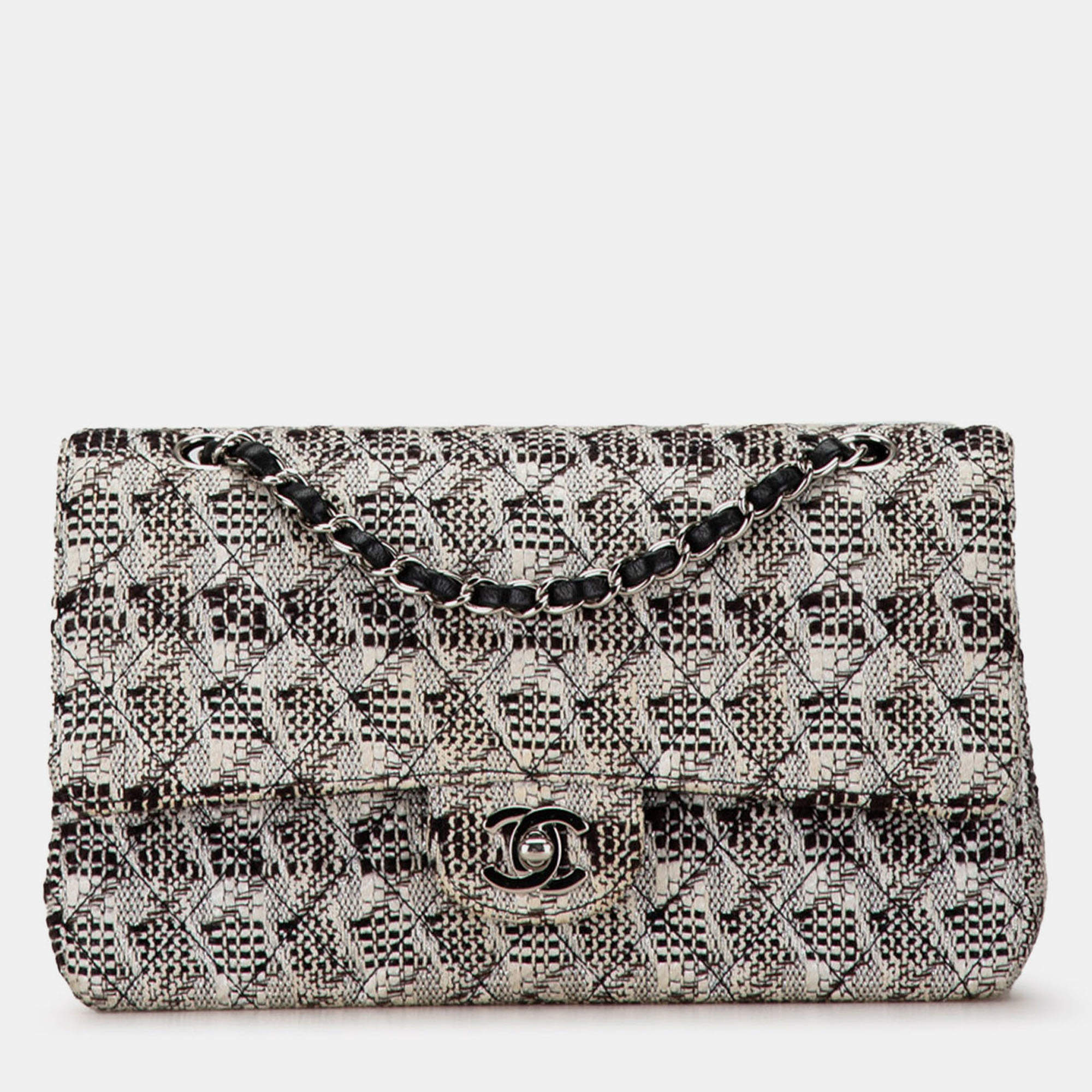 Pre Owned Chanel Black/White Medium Classic Tweed Double Flap