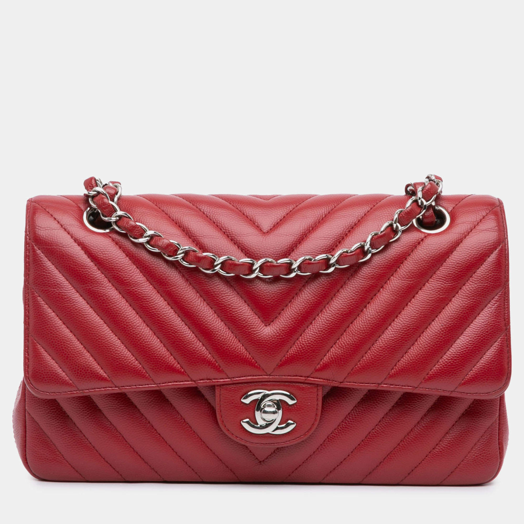 Pre Owned Chanel Red Medium Classic Chevron Caviar Double Flap