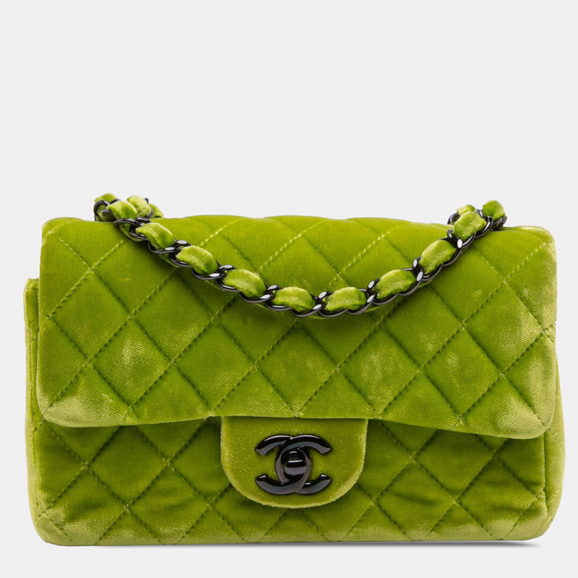 Pre Owned Chanel Green Mini Rectangular Classic Velvet Single Flap