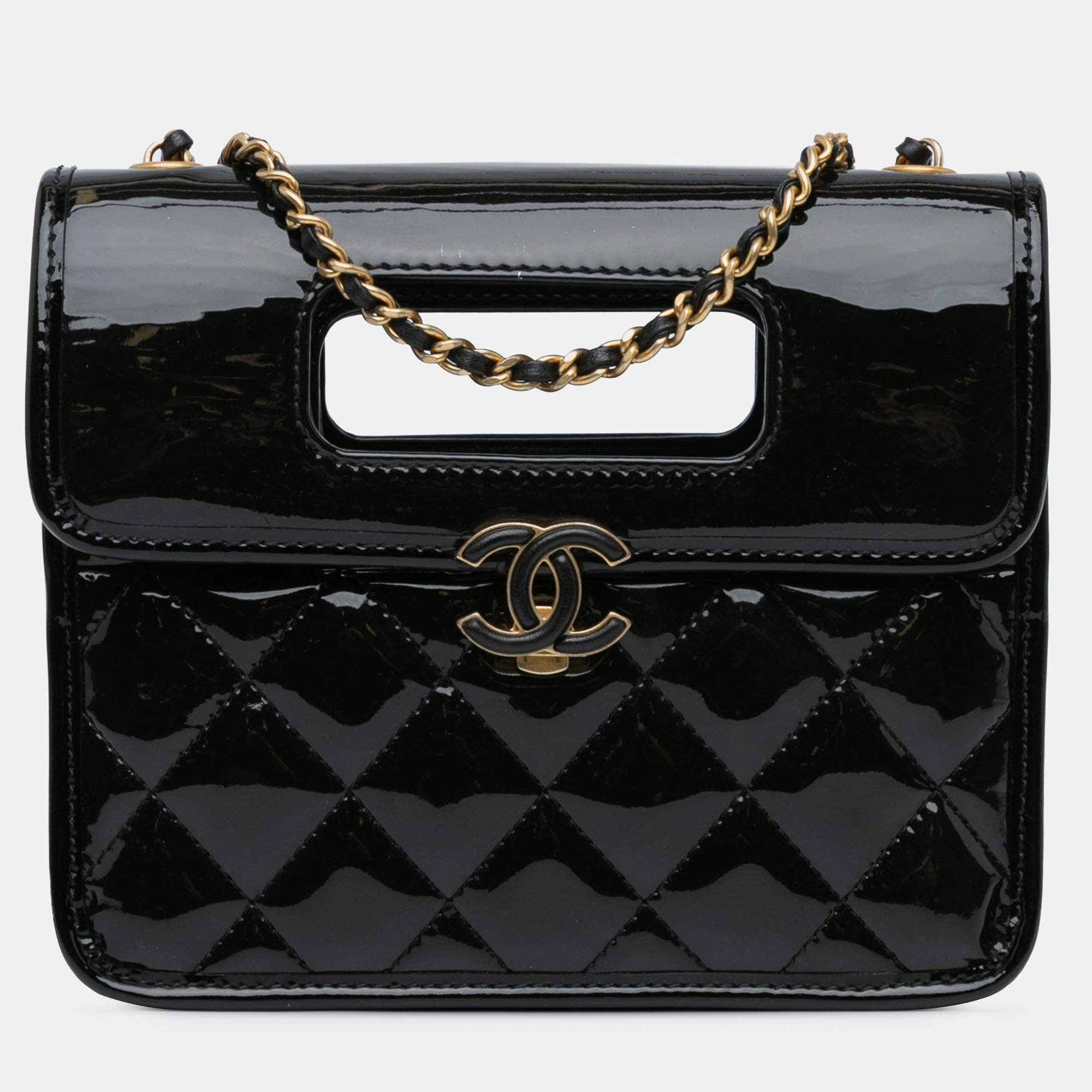 Pre Owned Chanel Black Mini Quilted Patent Graphic Catch Flap