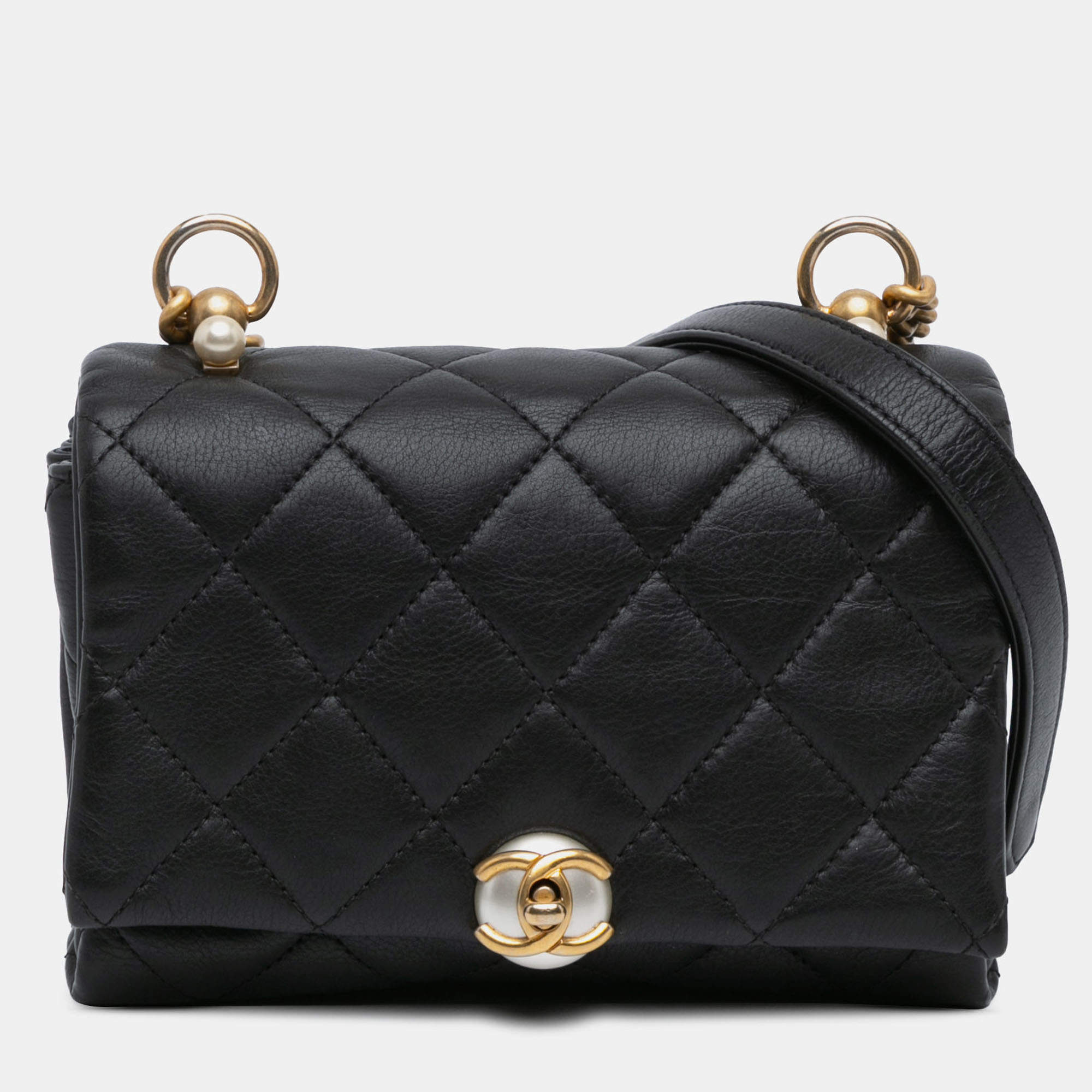 Pre Owned Chanel Black Mini Quilted Calfskin Pearl CC Accordion Flap
