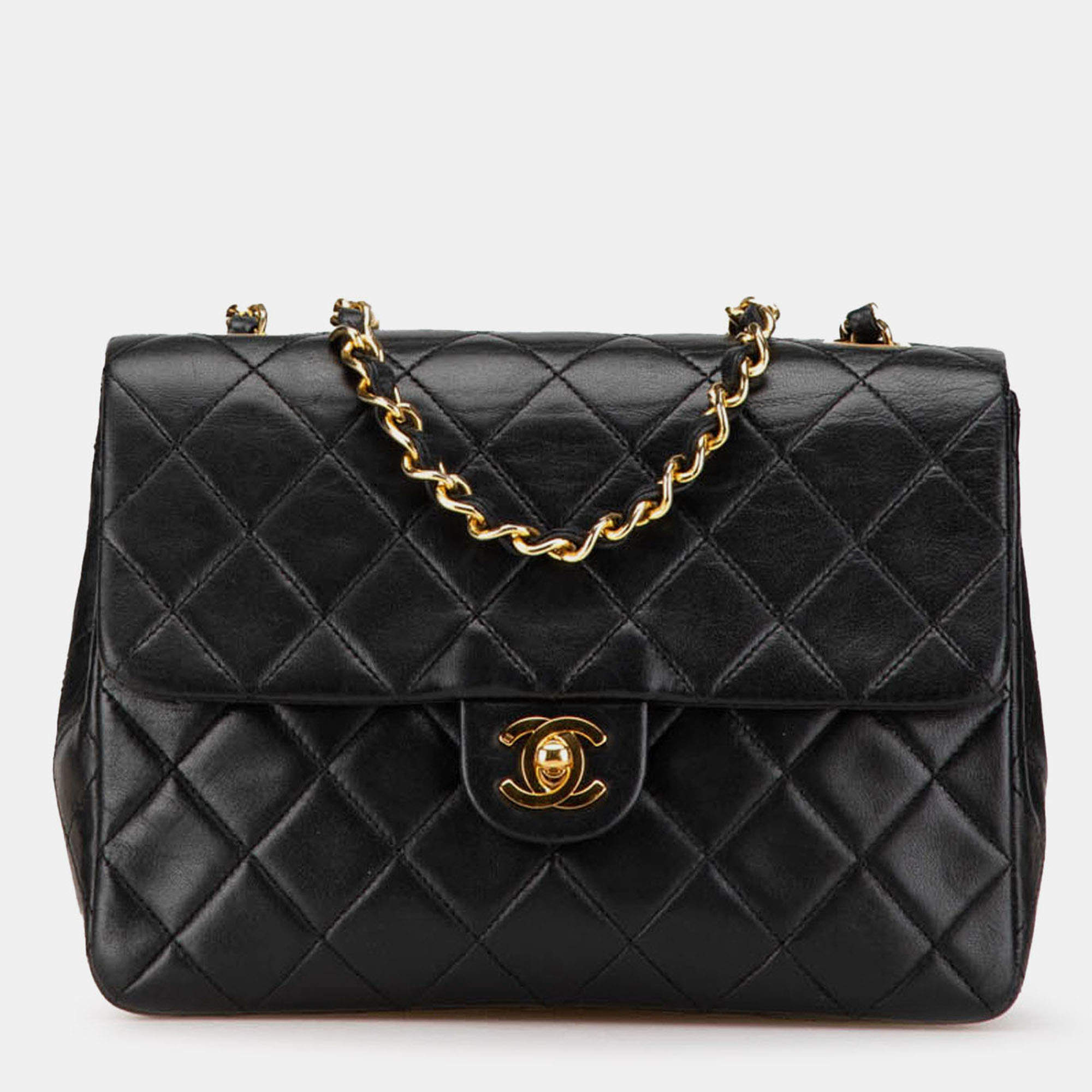 Pre Owned Chanel Black Small Square Quilted Lambskin Flap