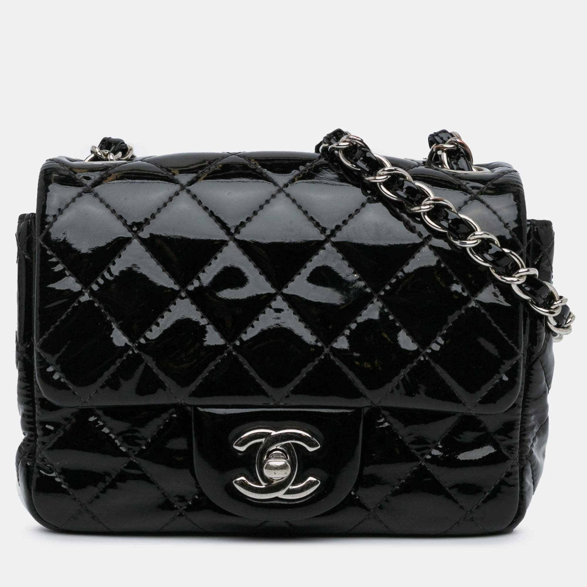 Pre Owned Chanel Black Mini Square Classic Patent Single Flap