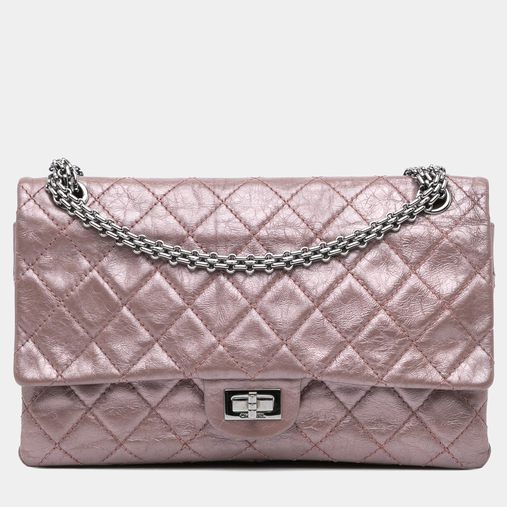Pre Owned Chanel Pink Reissue 2.55 Aged Metallic Calfskin Double Flap 226
