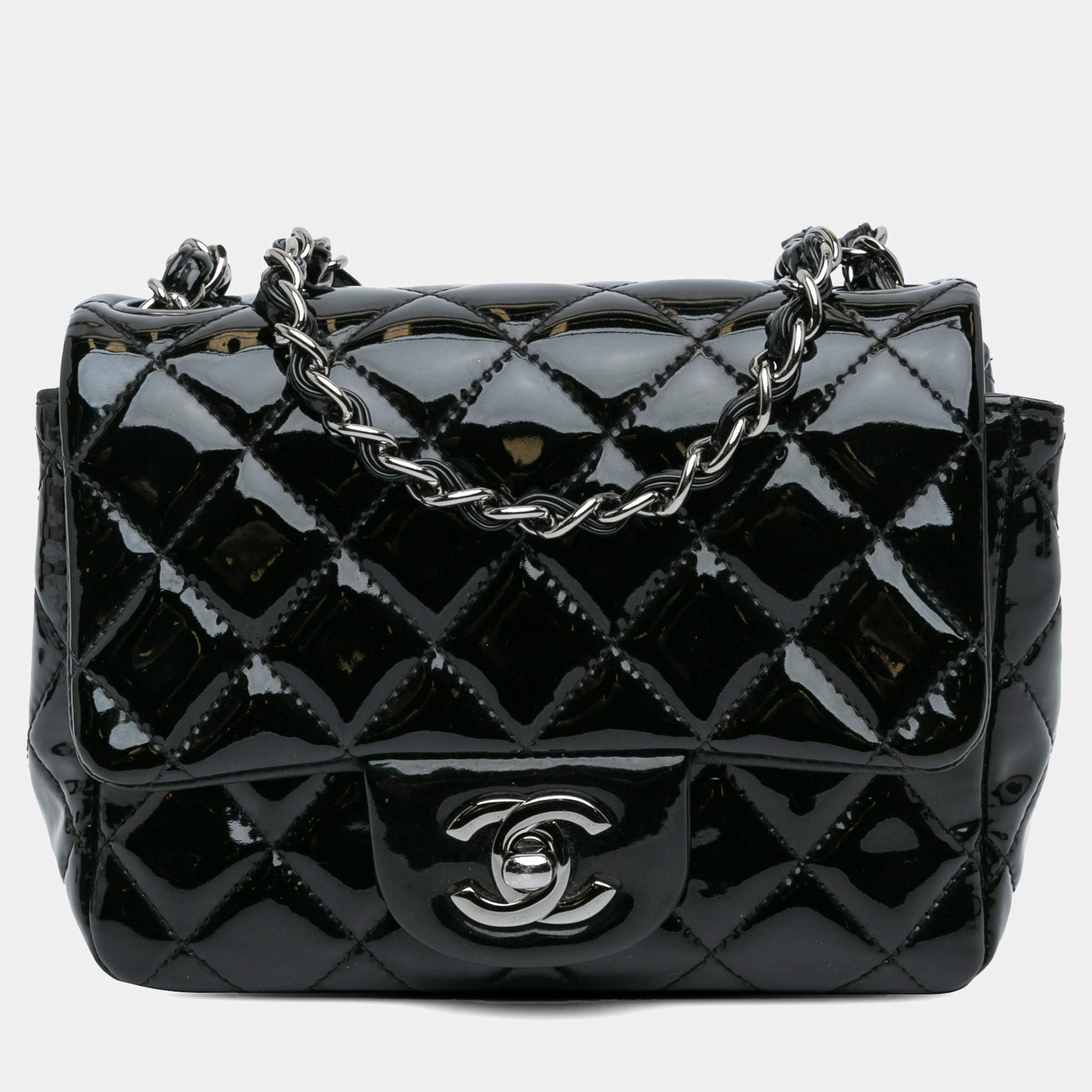 Pre Owned Chanel Black Mini Square Classic Patent Single Flap