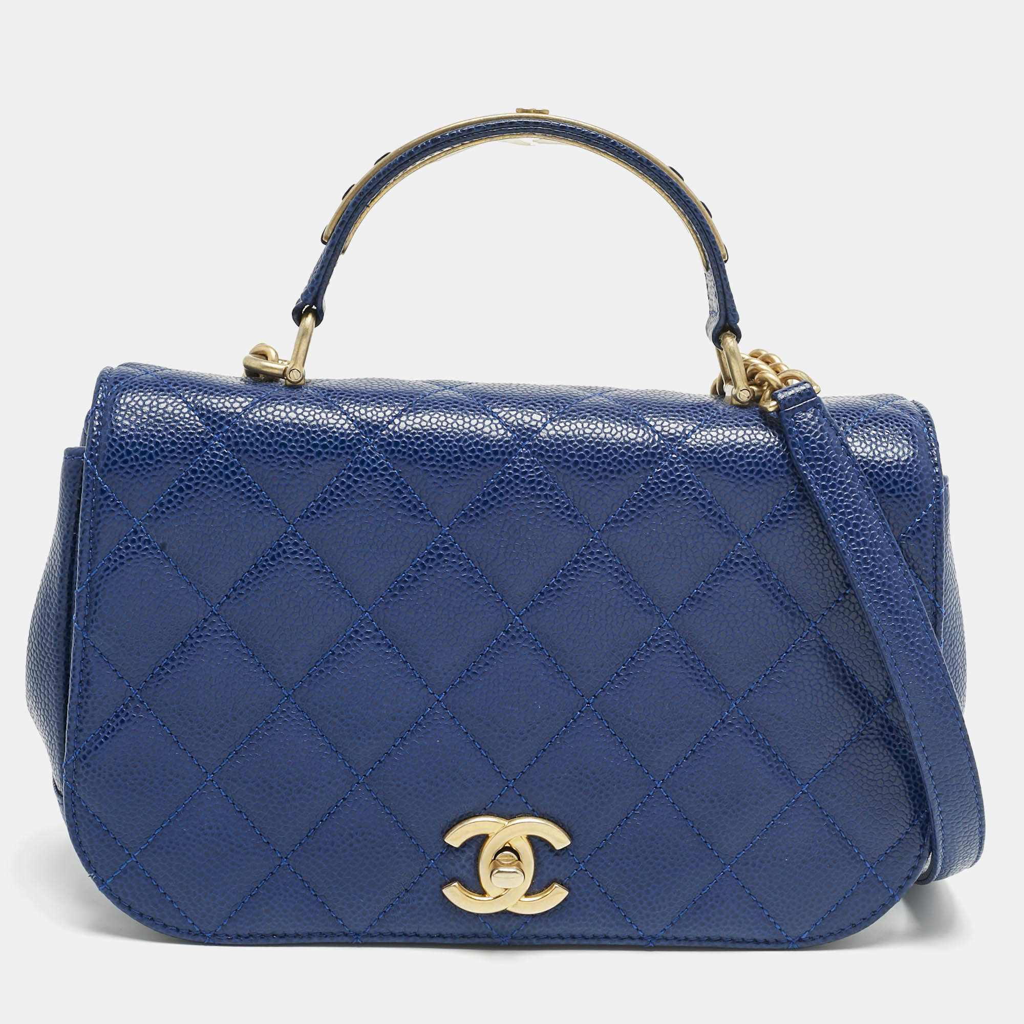 Pre Owned Chanel Blue Quilted Caviar Leather Carry Around Flap Bag