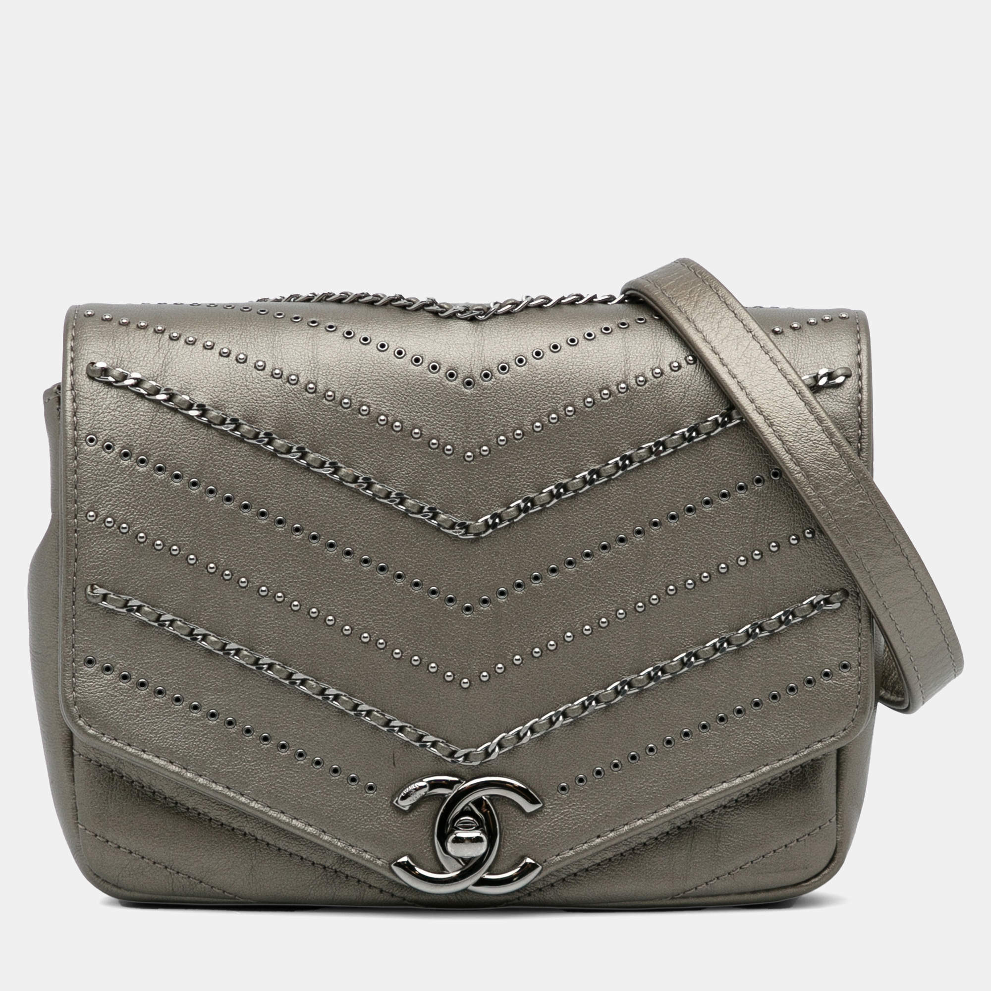 Pre Owned Chanel Grey Mini Embellished Calfskin Chevron Square Envelop Flap