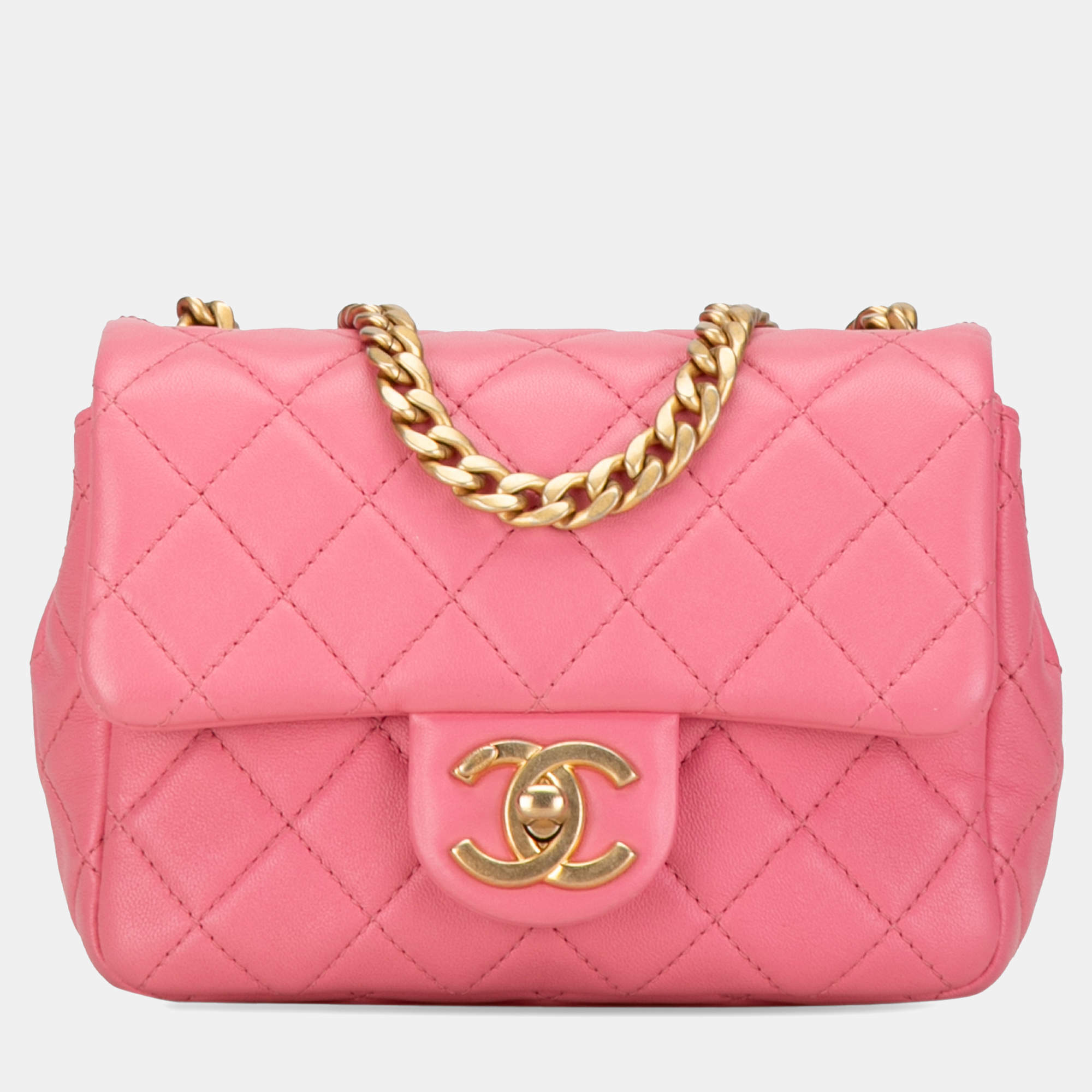 Pre Owned Chanel Pink Mini Square Lambskin Pearl Samba Flap
