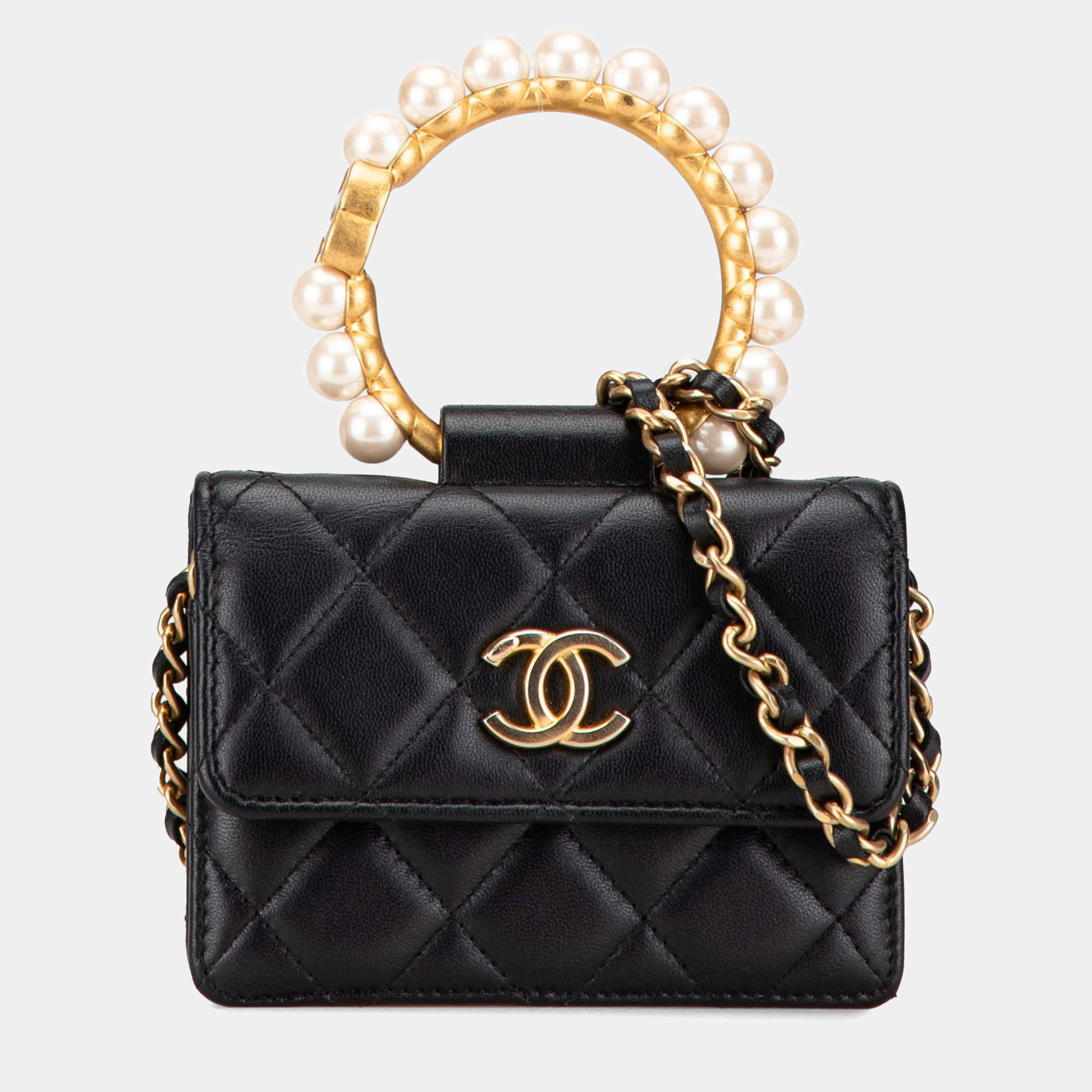 Pre Owned Chanel Black Quilted Lambskin Pearl Crown Clutch On Chain