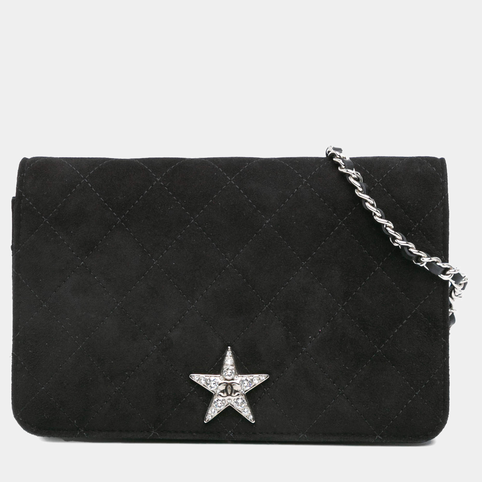 Pre Owned Chanel Black Quilted Suede Cocostellar Wallet on Chain