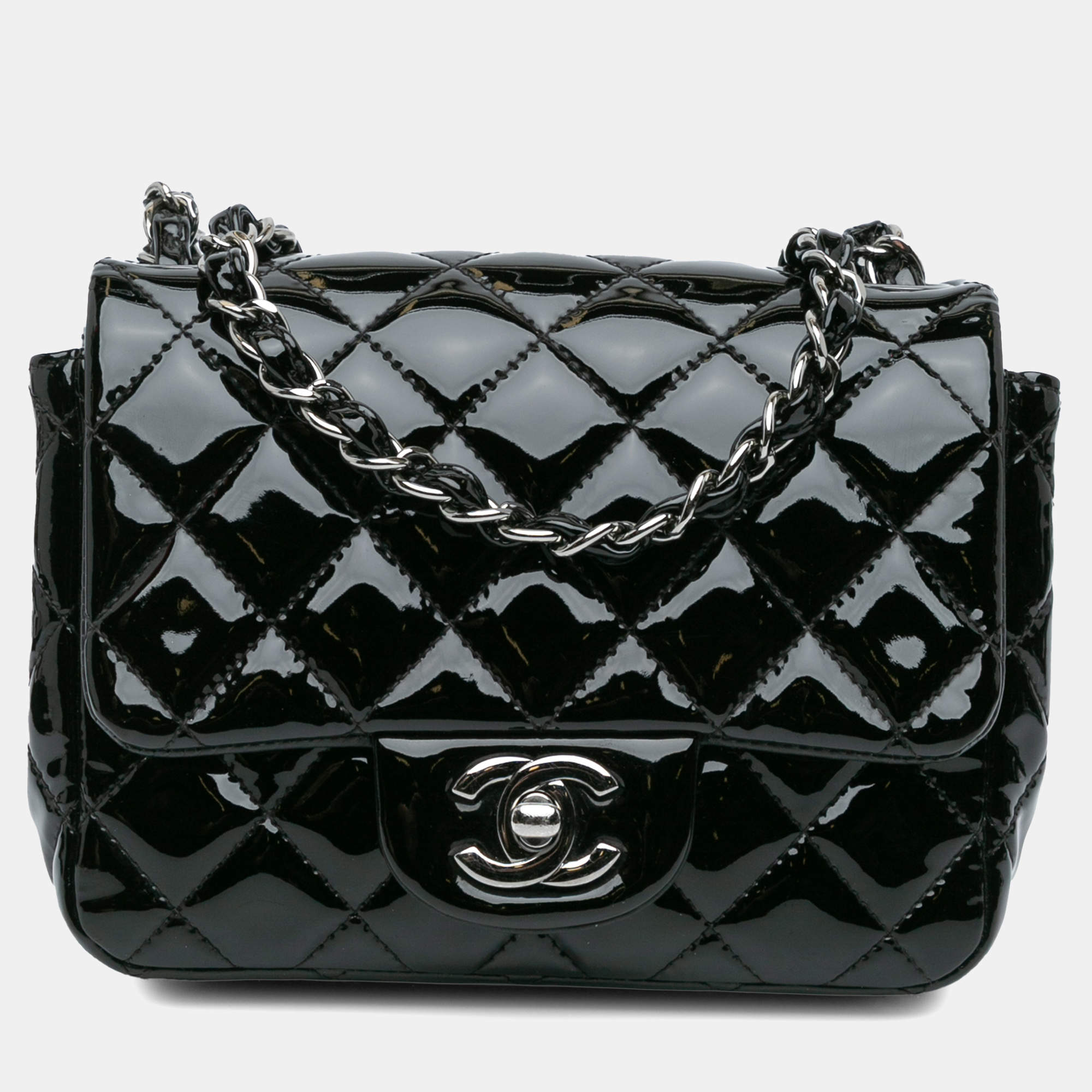 Pre Owned Chanel Black Mini Square Classic Patent Single Flap