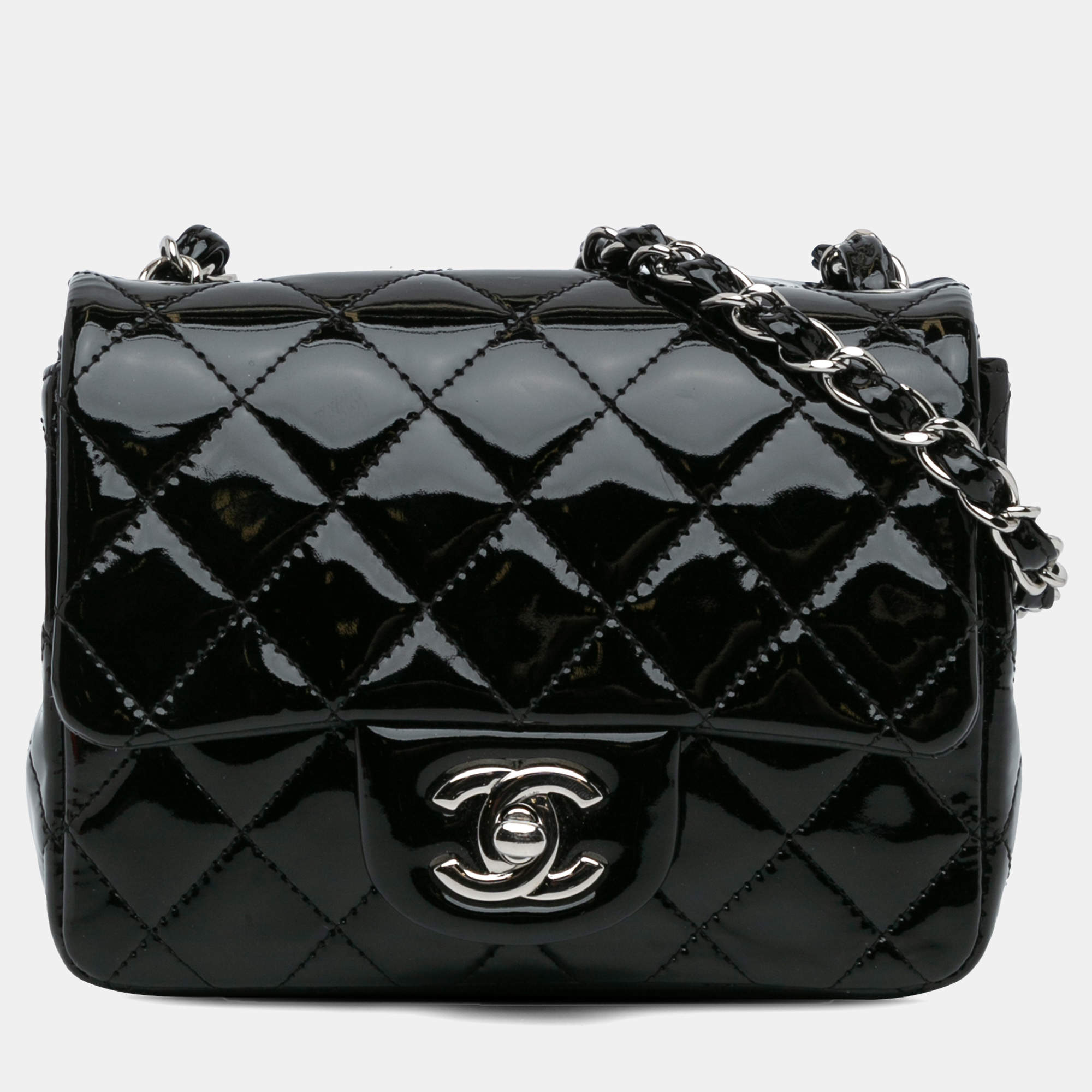 Pre Owned Chanel Black Mini Square Classic Patent Single Flap