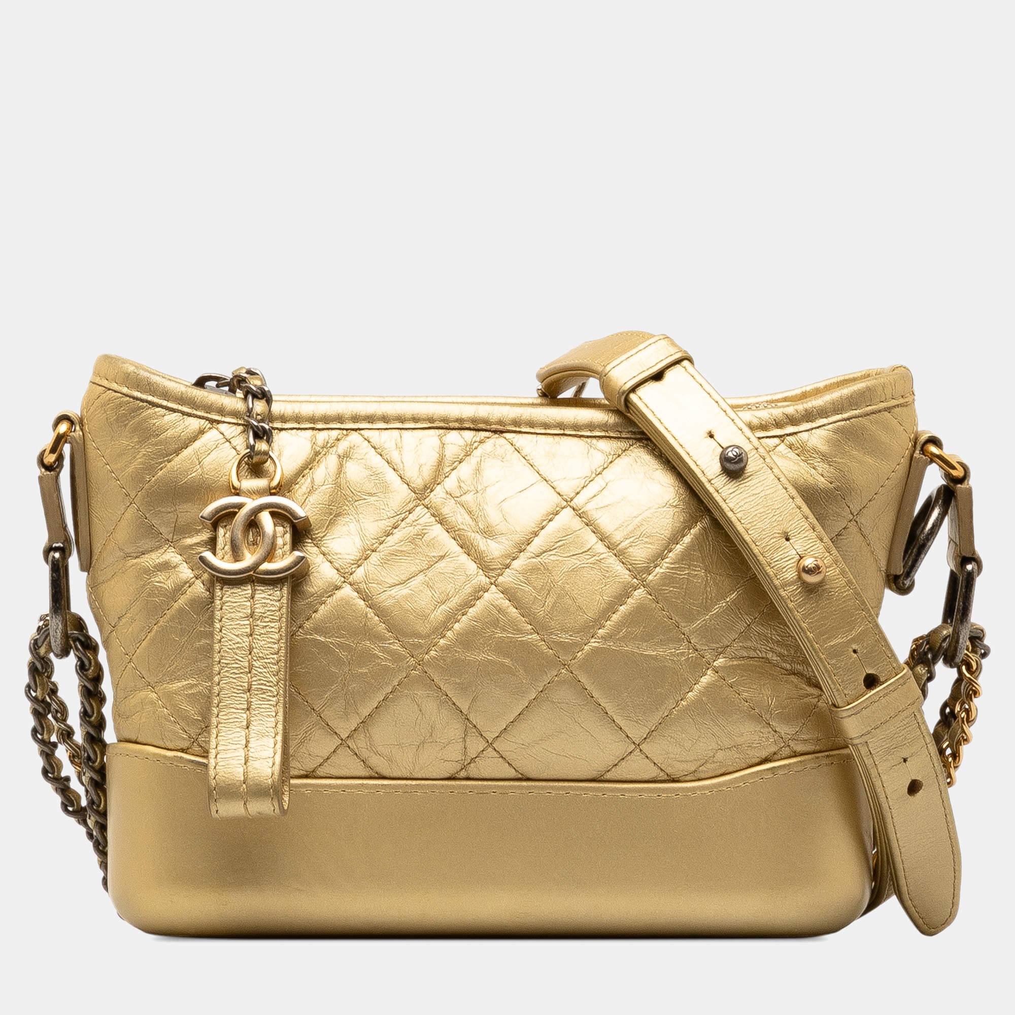 Pre Owned Chanel Gold Small Metallic Lambskin Gabrielle Crossbody