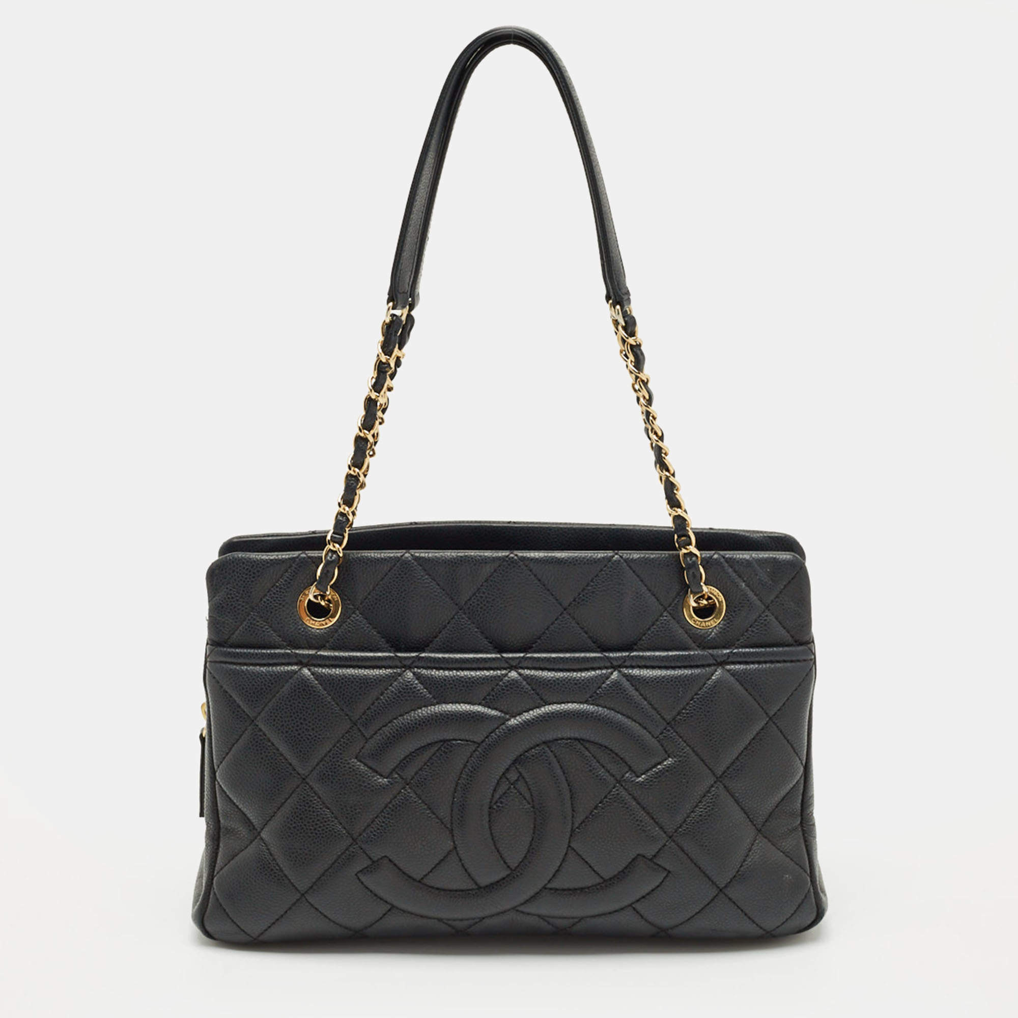 Pre Owned Chanel Black Quilted Caviar Leather CC Timeless Soft Tote