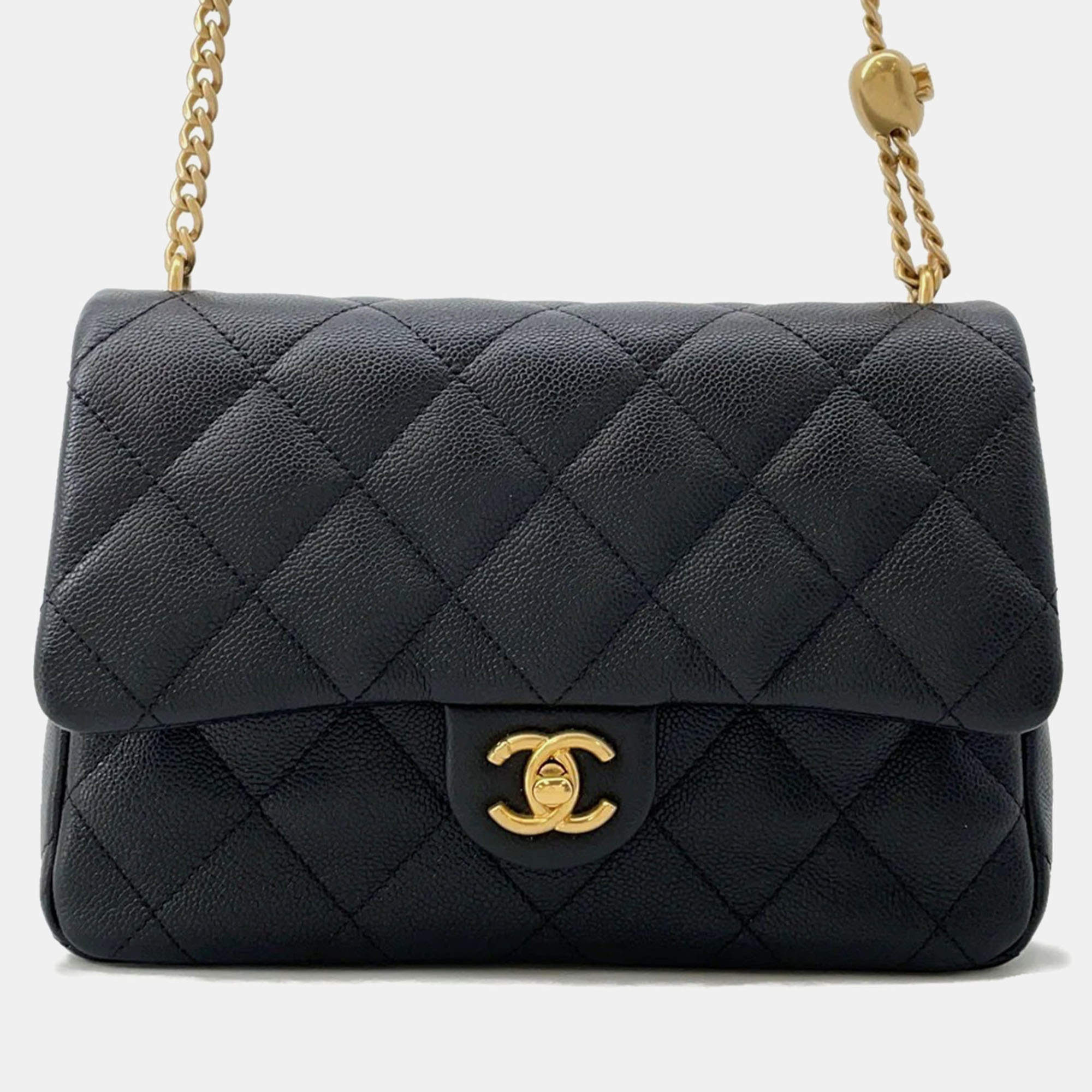 Pre Owned Chanel Matelasse Heart Ball Chain shoulder Black Caviar Leather