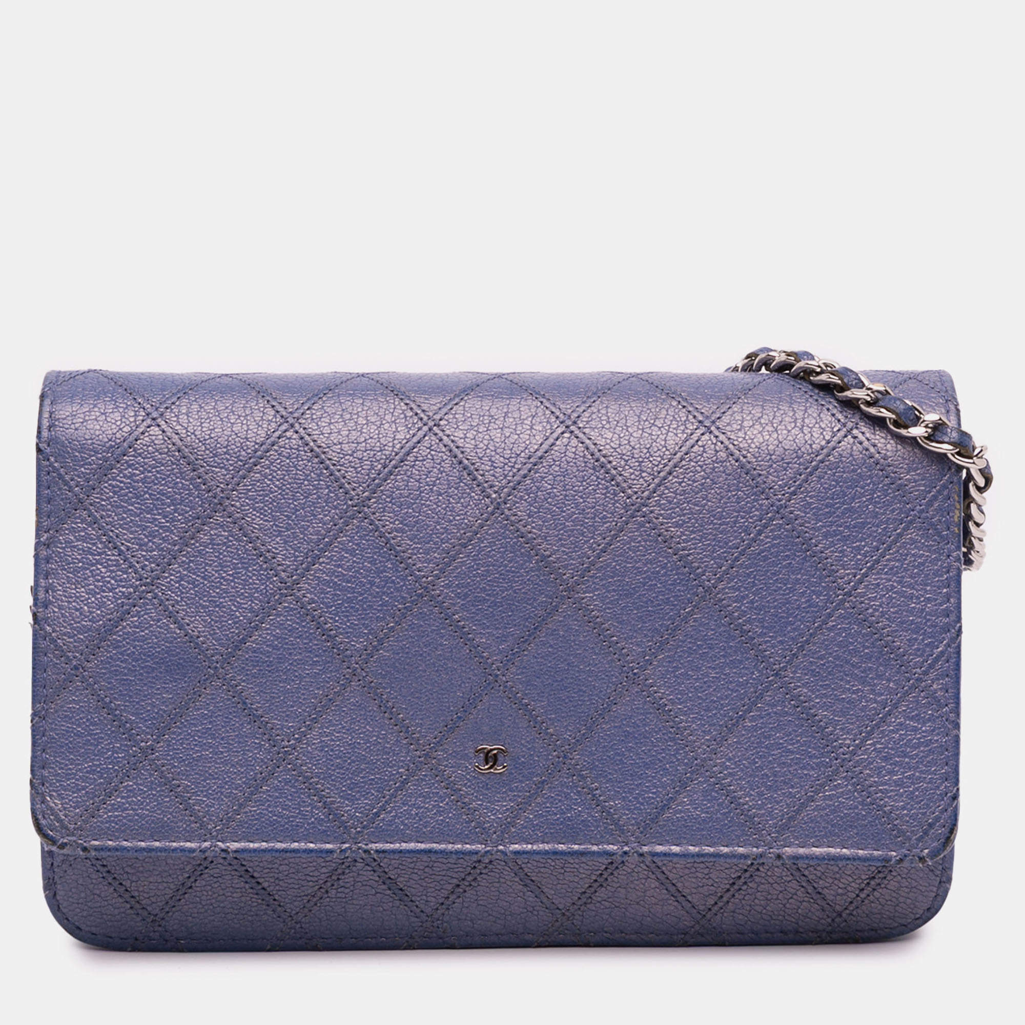 Pre Owned Chanel Blue CC Calfskin Double Stitched Wallet on Chain