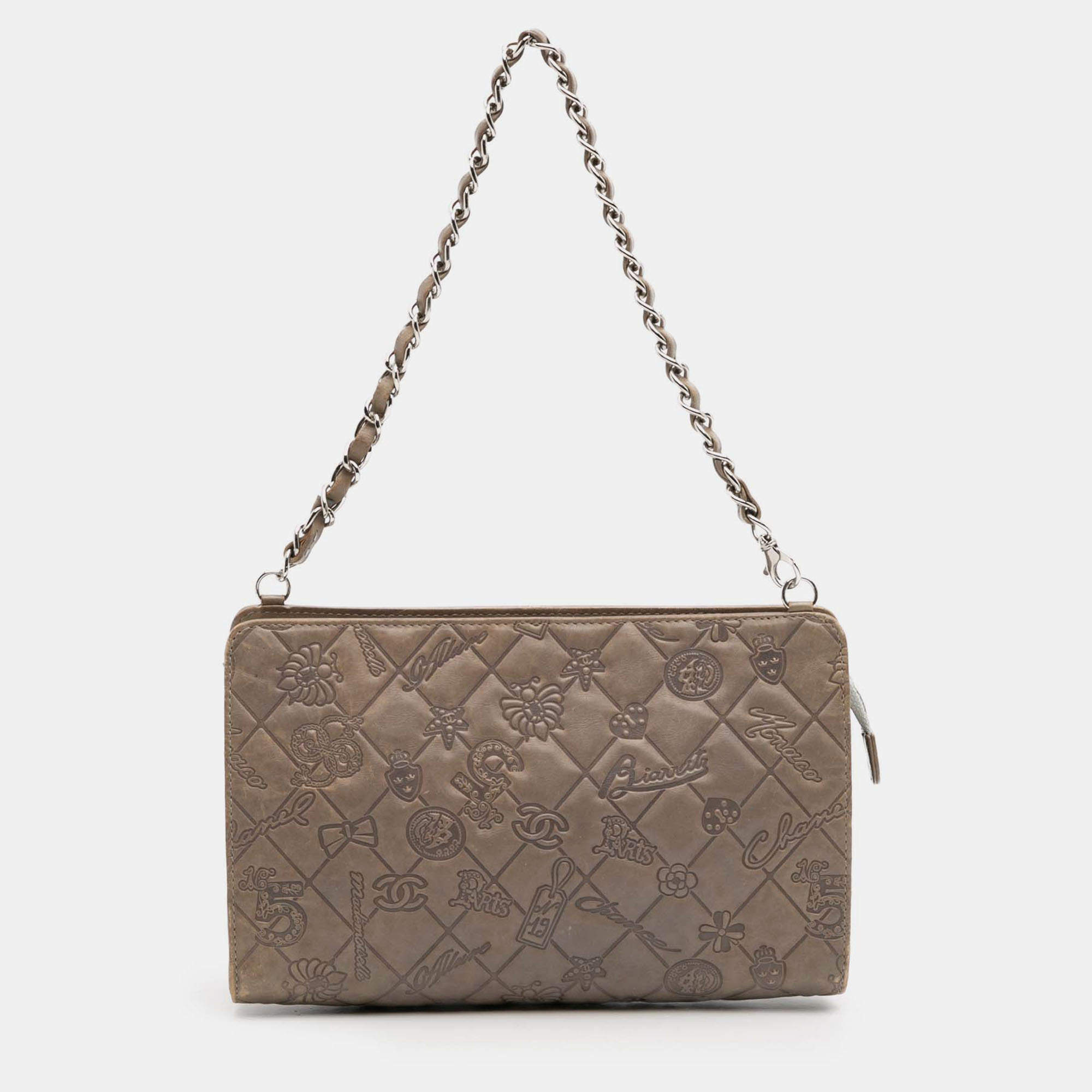 Pre Owned Chanel Brown Embossed Lambskin Lucky Symbols Pochette