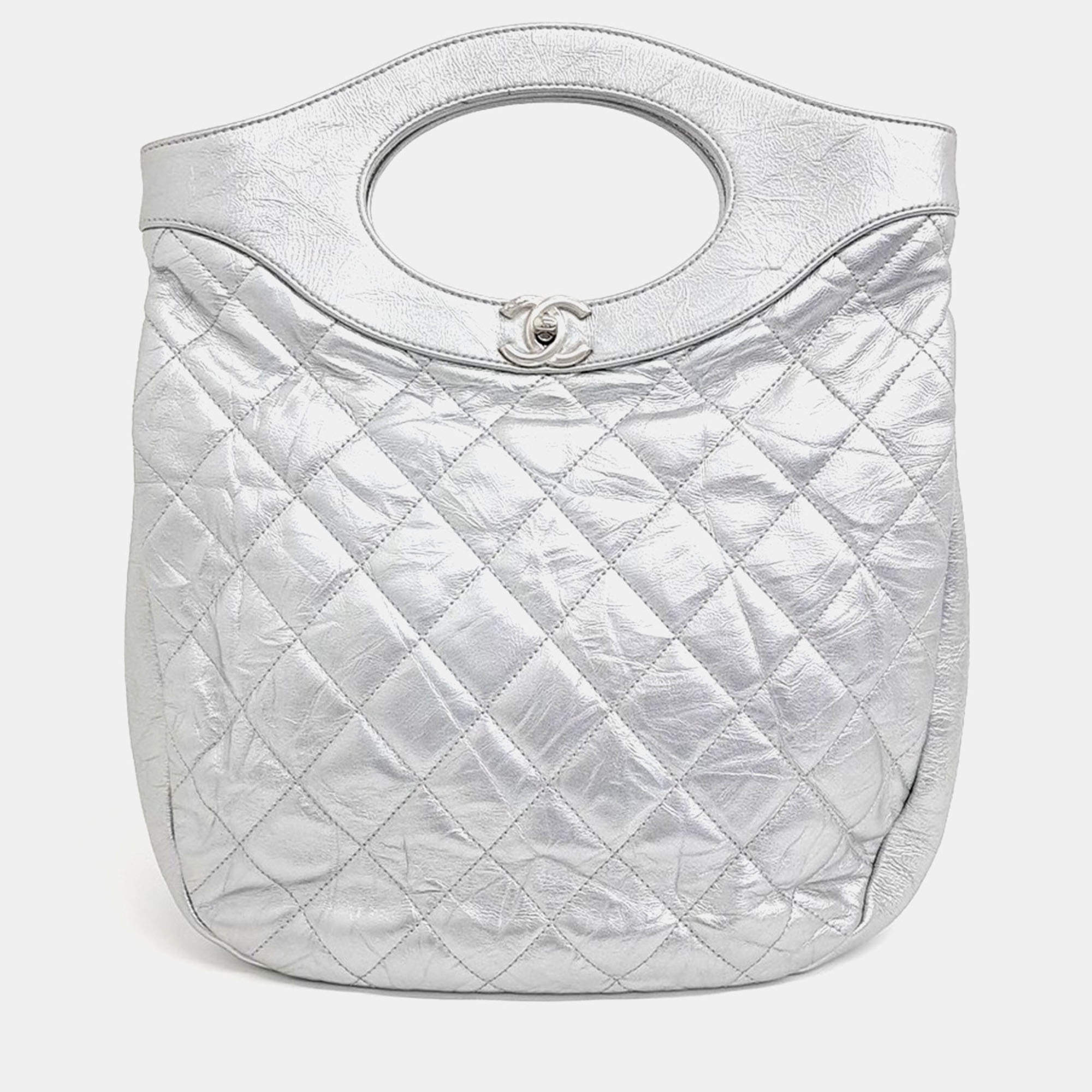 Pre Owned Chanel Silver Leather 31 Shopping Bag Small