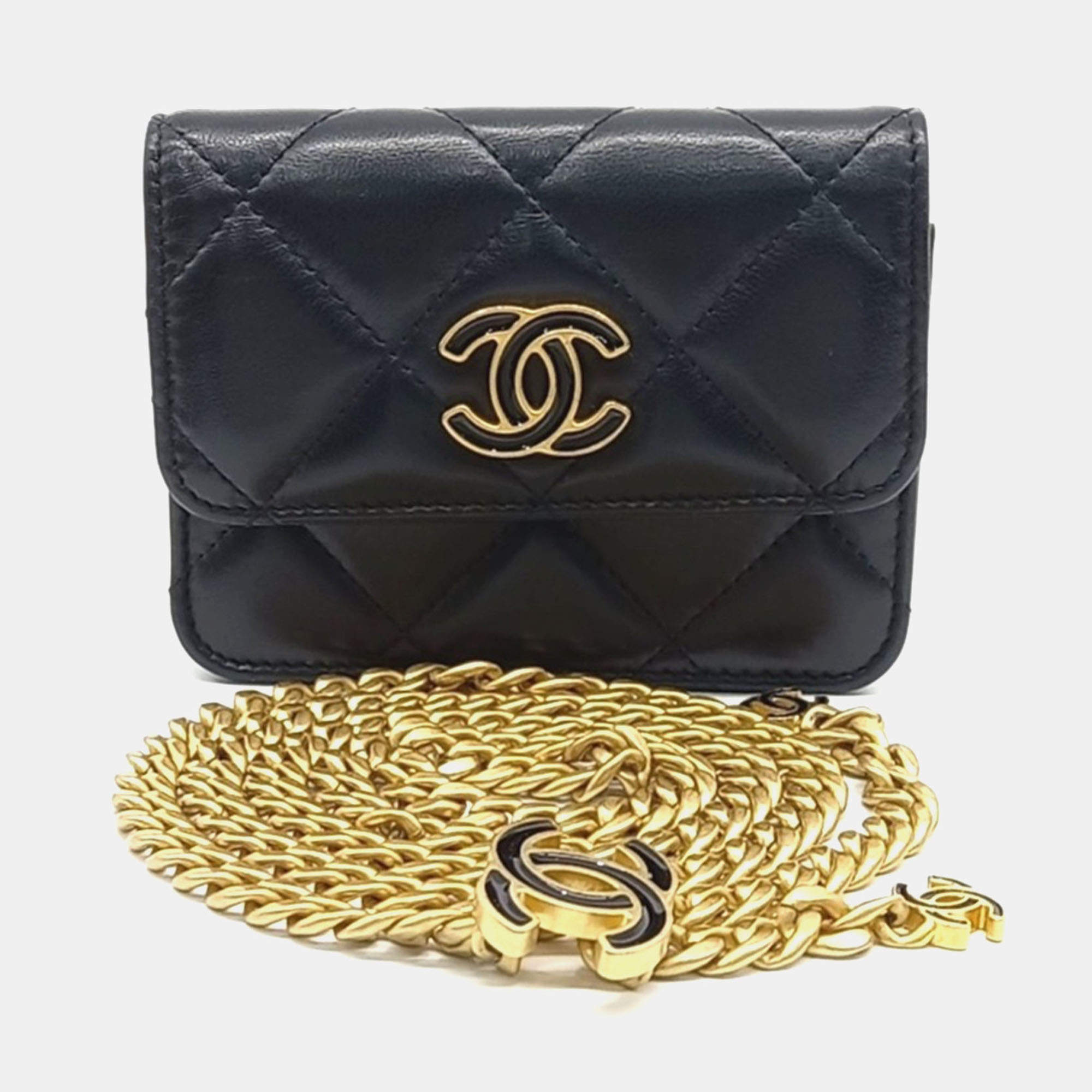 Pre Owned Chanel Black Leather Chain Belt Bag