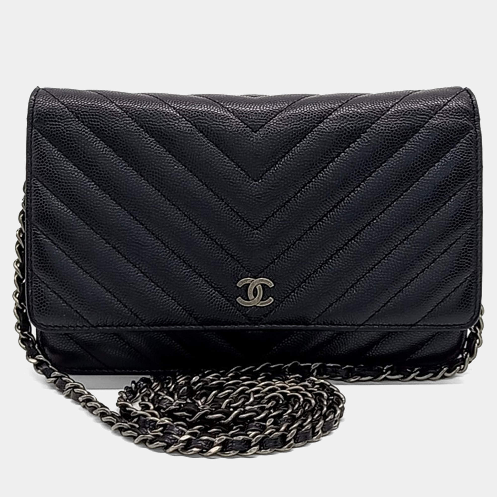 Pre Owned Chanel Black Leather Caviar Chevron WOC Mini Crossbody Bag