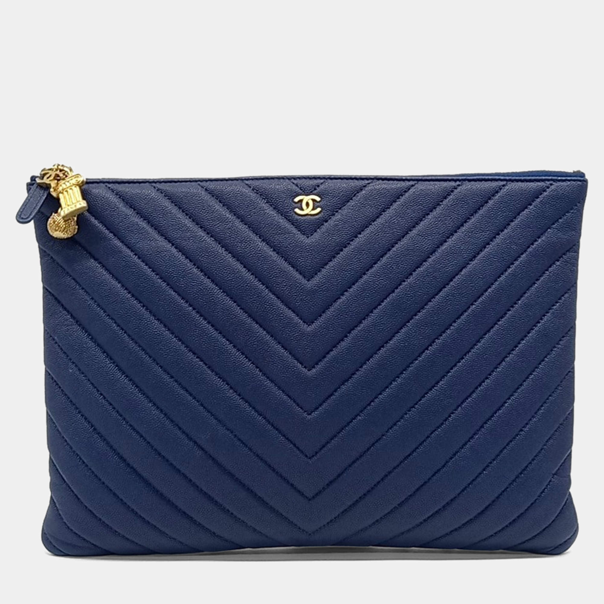 Pre Owned Chanel Blue Leather Caviar Chevron Clutch New Medium