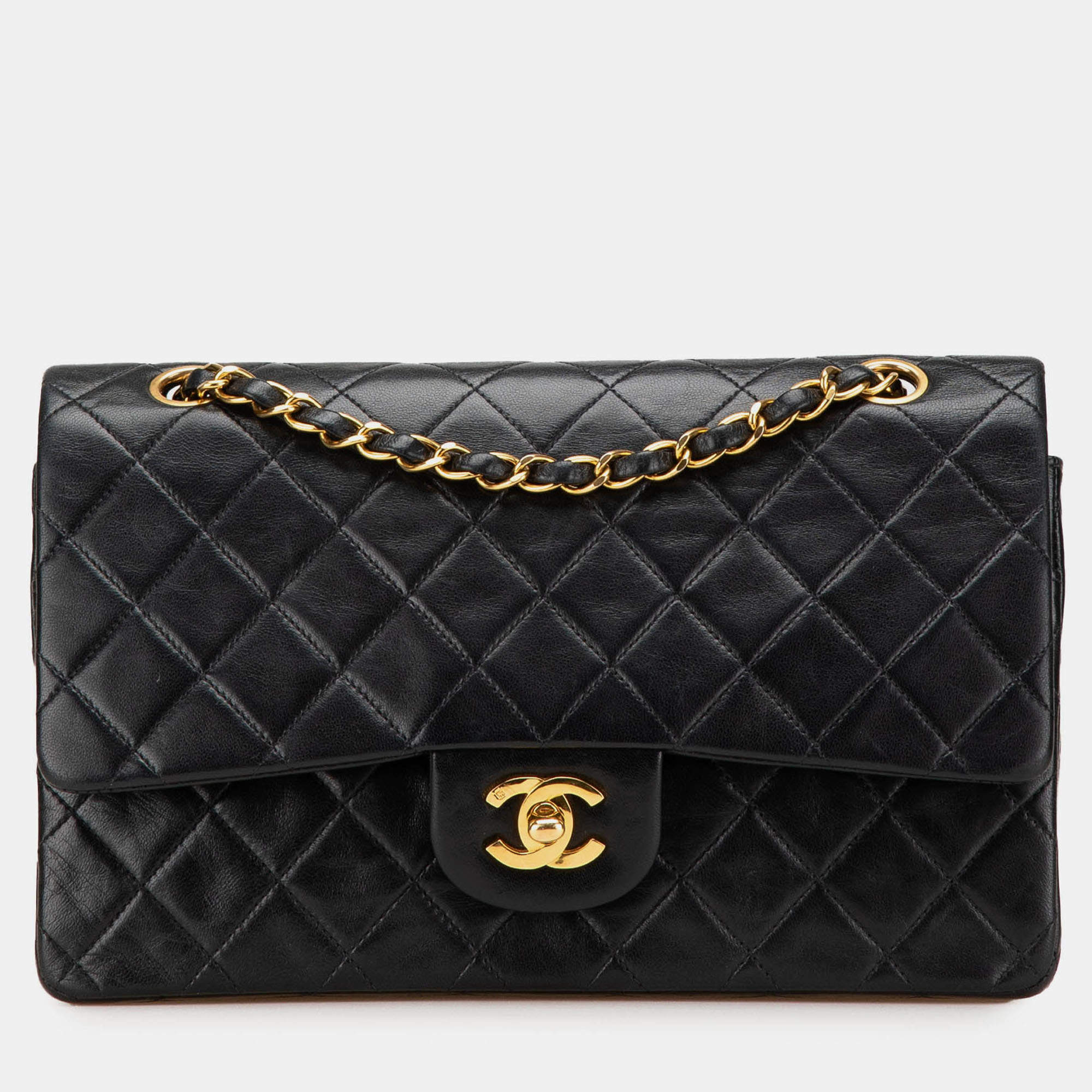 Pre Owned Chanel Black Medium Classic Lambskin Double Flap